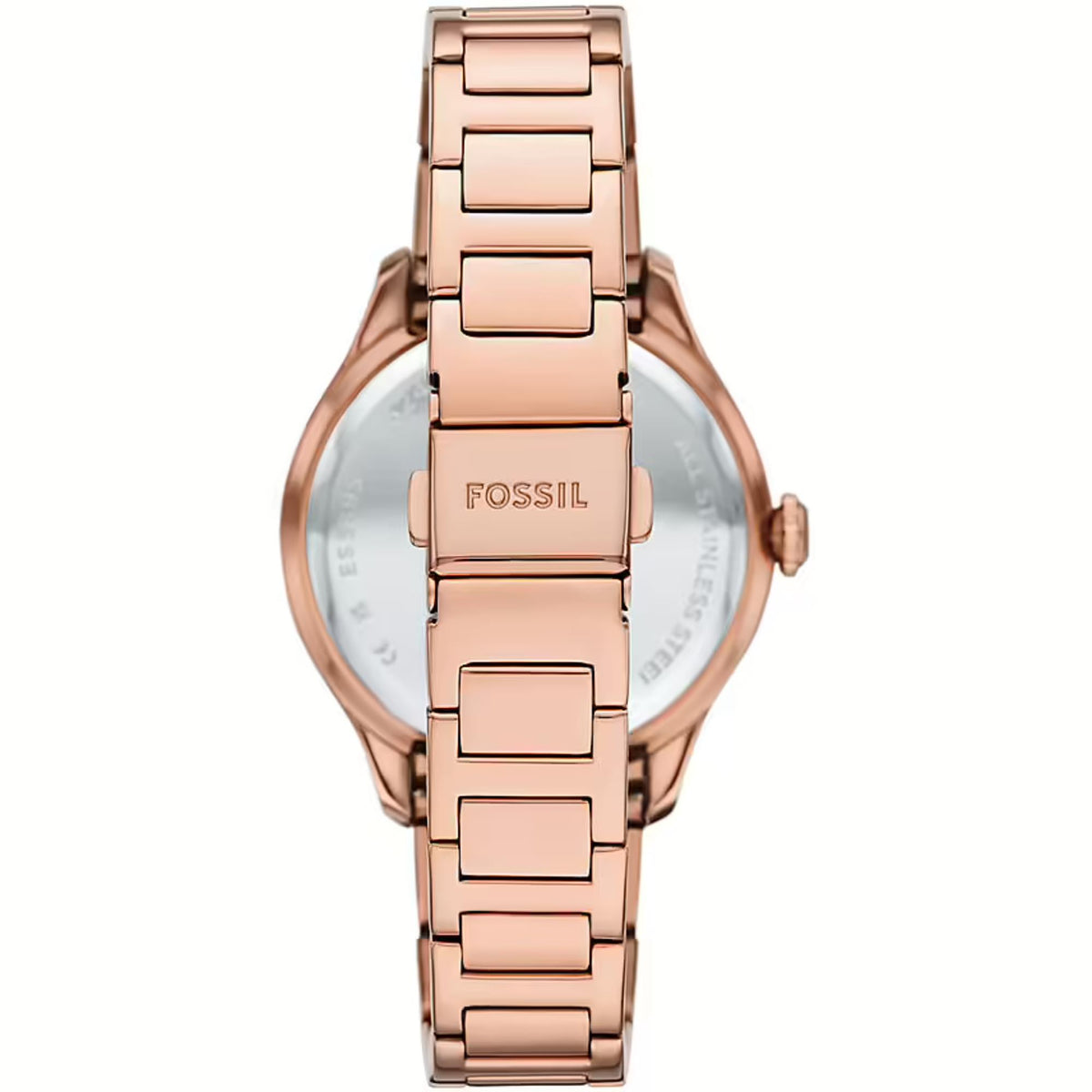 Rear perspective of the Fossil Gilmore ES5394 watch highlighting the rose gold-tone deployment clasp and stainless steel case back