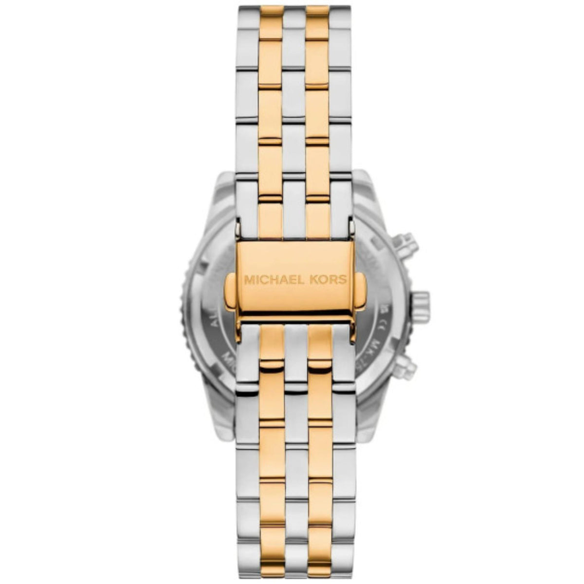 Michael Kors Mini Bryant MK7532 rear view showing the two-tone link bracelet and gold-tone foldover clasp logo detail