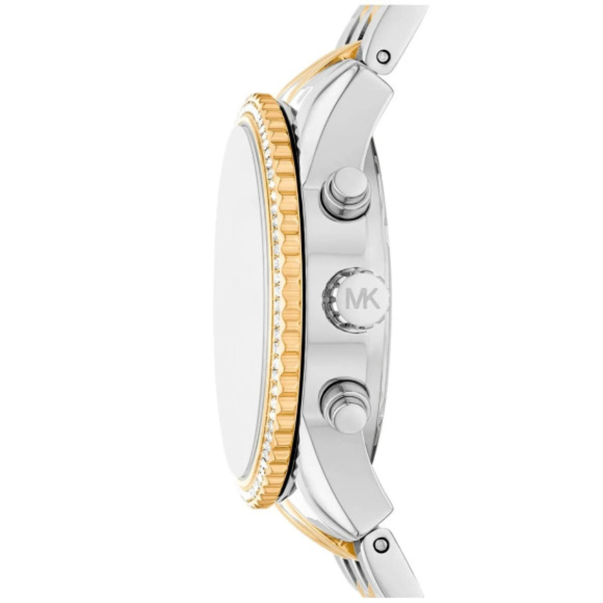 Michael Kors Mini Bryant MK7532 side view featuring the silver tone case, gold coin edge bezel, pushers, and MK engraved crown
