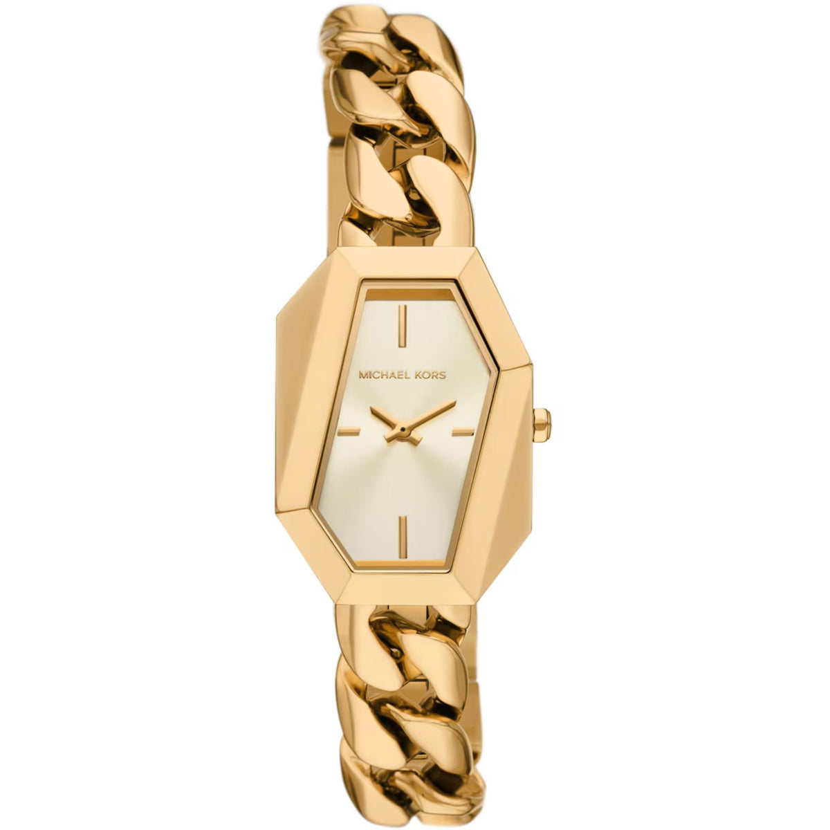 Gold-tone ladies watch with hexagonal case, white dial, and link bracelet