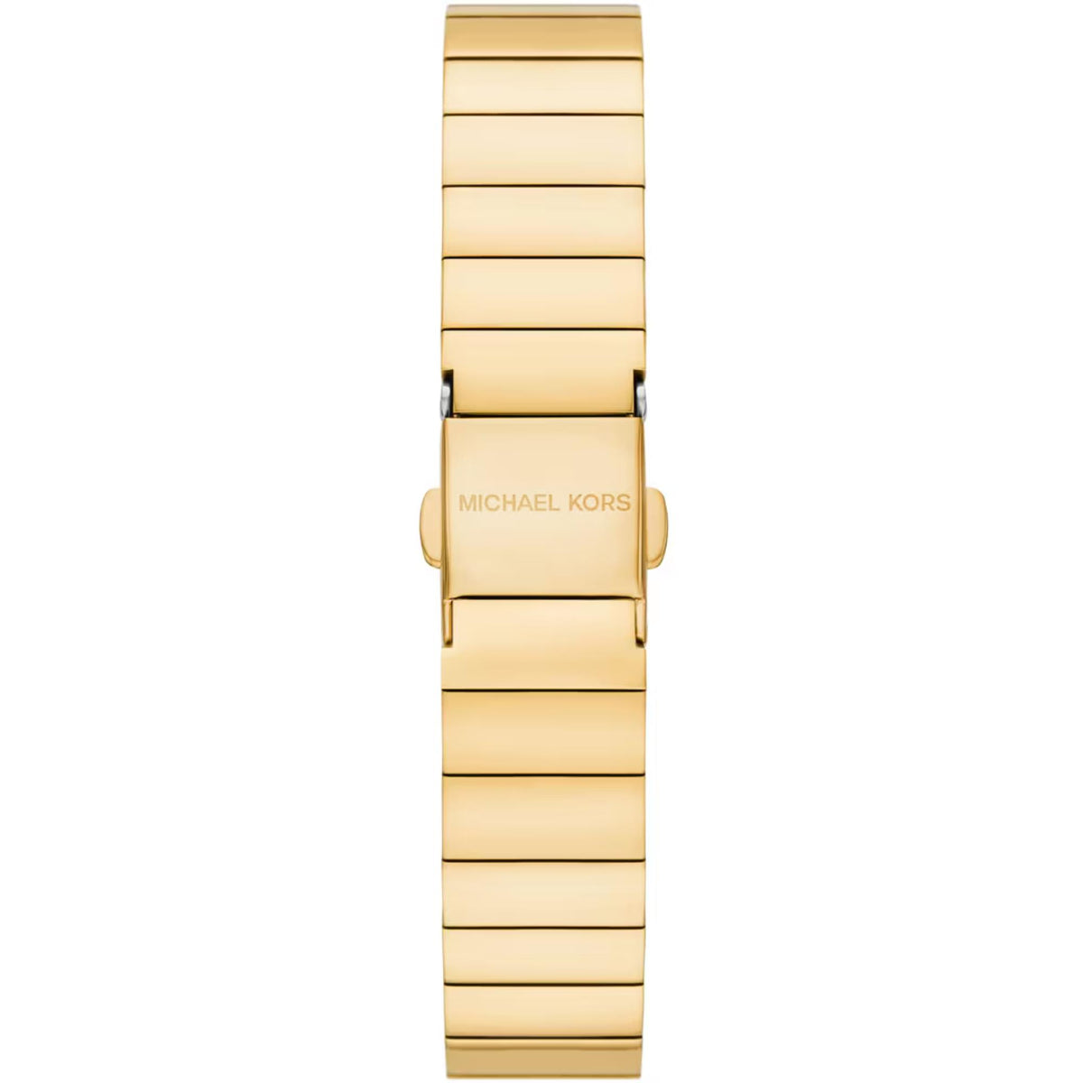 Michael Kors Darrington MK4885 rear view showing gold-tone bracelet links with engraved brand name deployment clasp