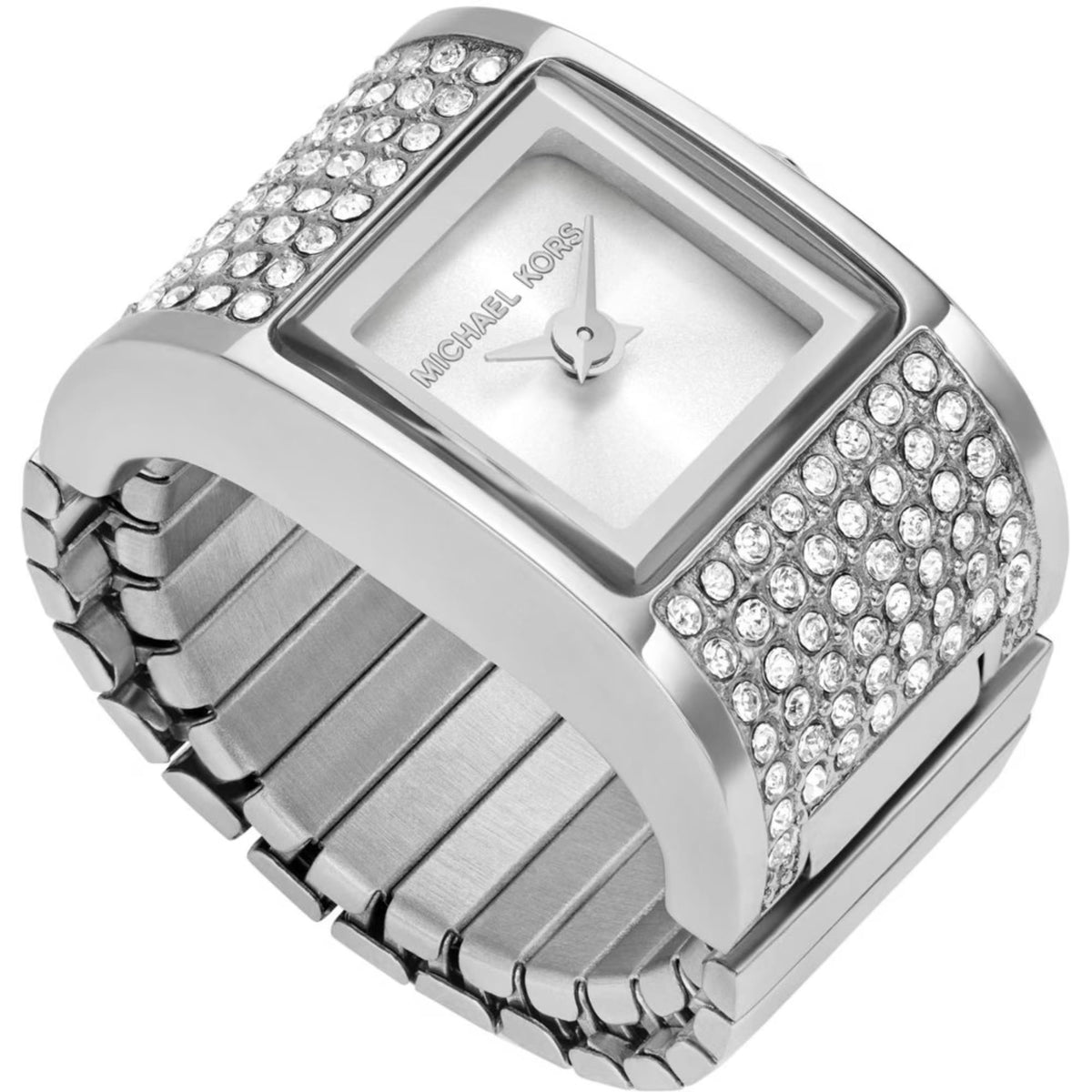 Michael Kors women’s wrist watch, jeweled bezel and silver link bracelet, angled view
