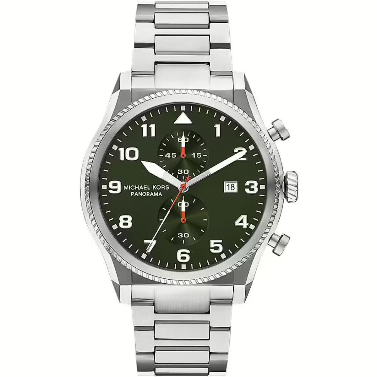 Men's stainless steel chronograph watch with green dial, date window at 3 o'clock
