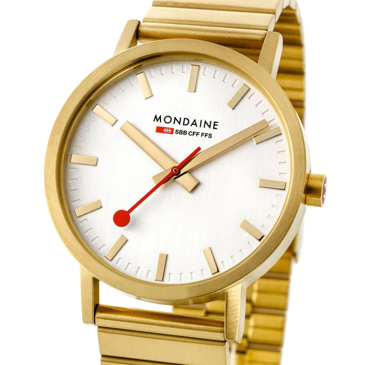 Gold-plated round watch face with white dial, baton hour markers, red second hand