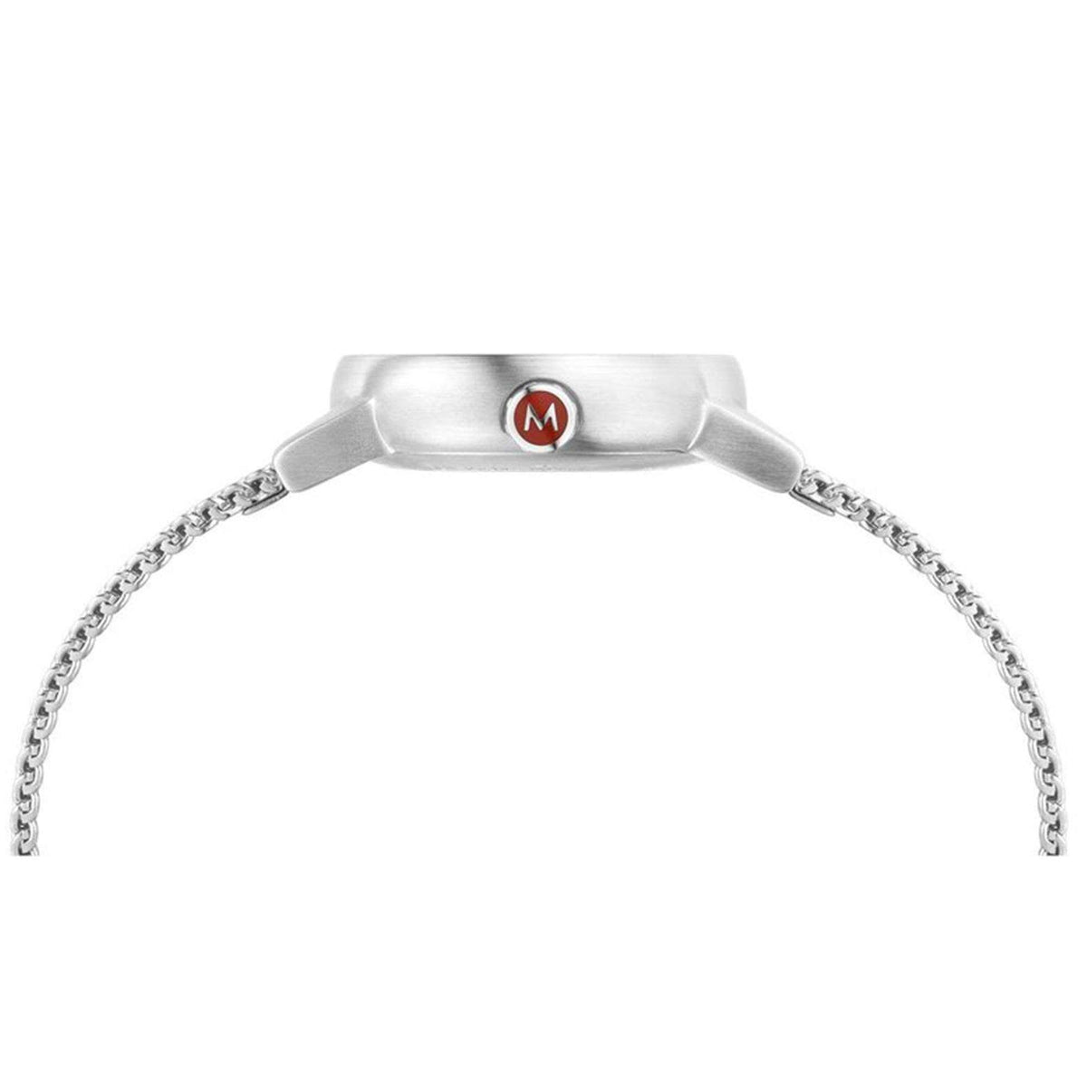 Mondaine Evo2 petite ladies watch with stainless mesh strap and clasp, red logo detail