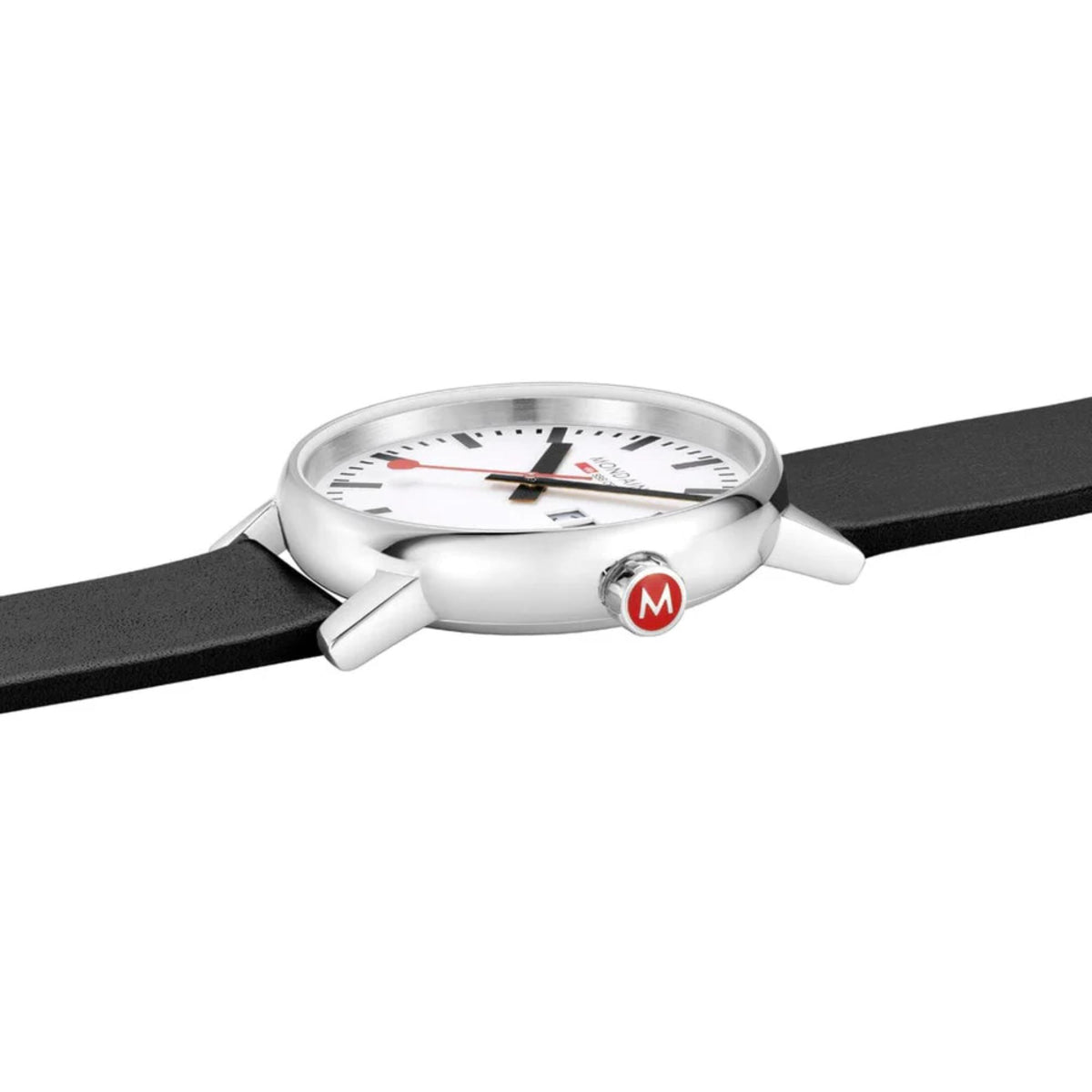 Angled profile view of Mondaine Evo2 MSE.40210.LBV analog watch showing a rounded, polished case and red 'M' crown logo