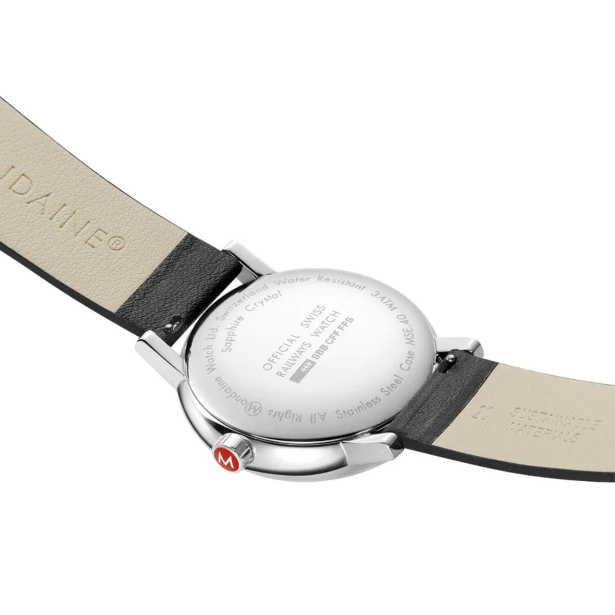 Stainless steel case back of Mondaine Evo2 MSE.40210.LBV official Swiss Railways watch showing engraved brand details and quick-release strap springs