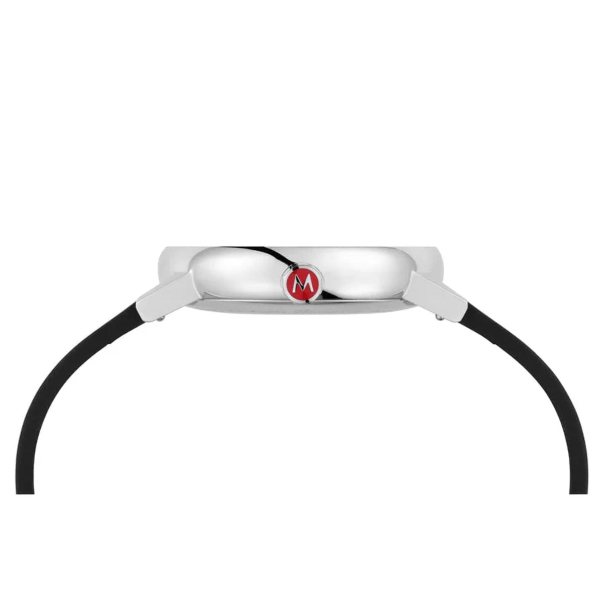 Side view of Mondaine Evo2 MSE.40210.LBV slim profile watch case showcasing a red-accented crown and black strap curve