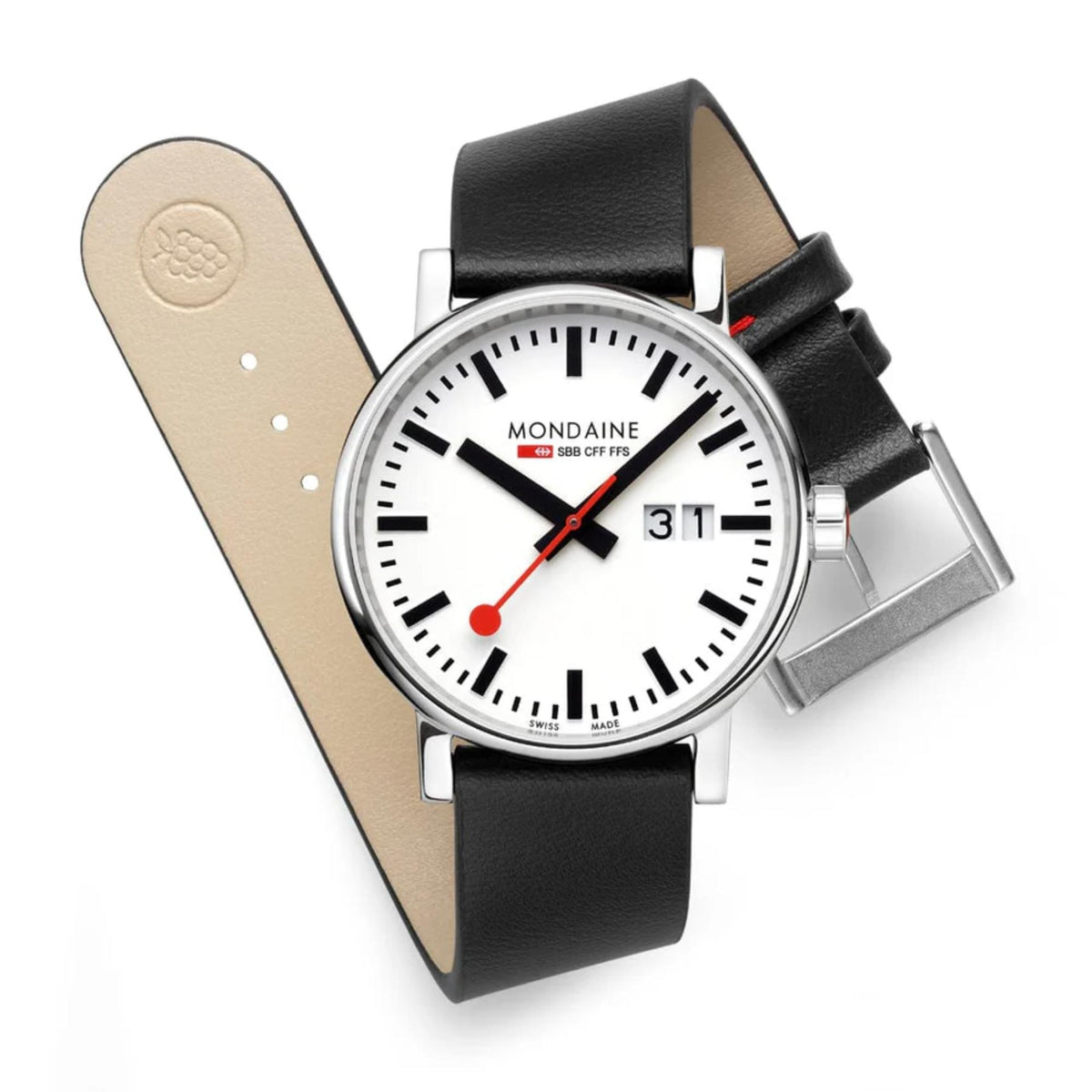 Mondaine Evo2 MSE.40210.LBV luxury dress watch flat lay showing white SBB clock dial, red second hand, and grape leather strap