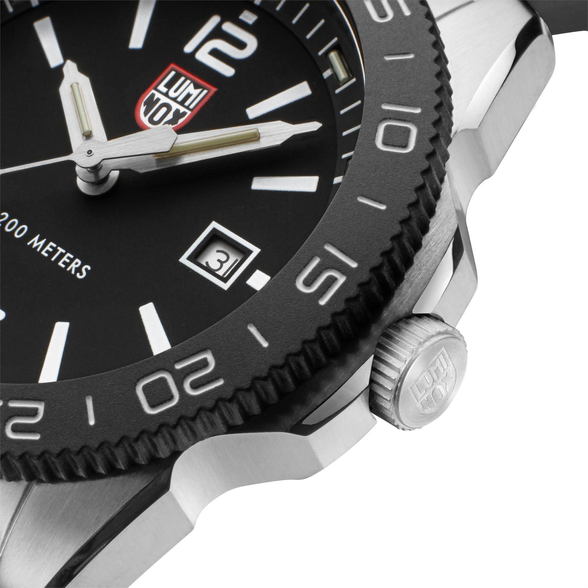 Men's diver watch close-up of black dial, bezel markings, and crown-side detail.