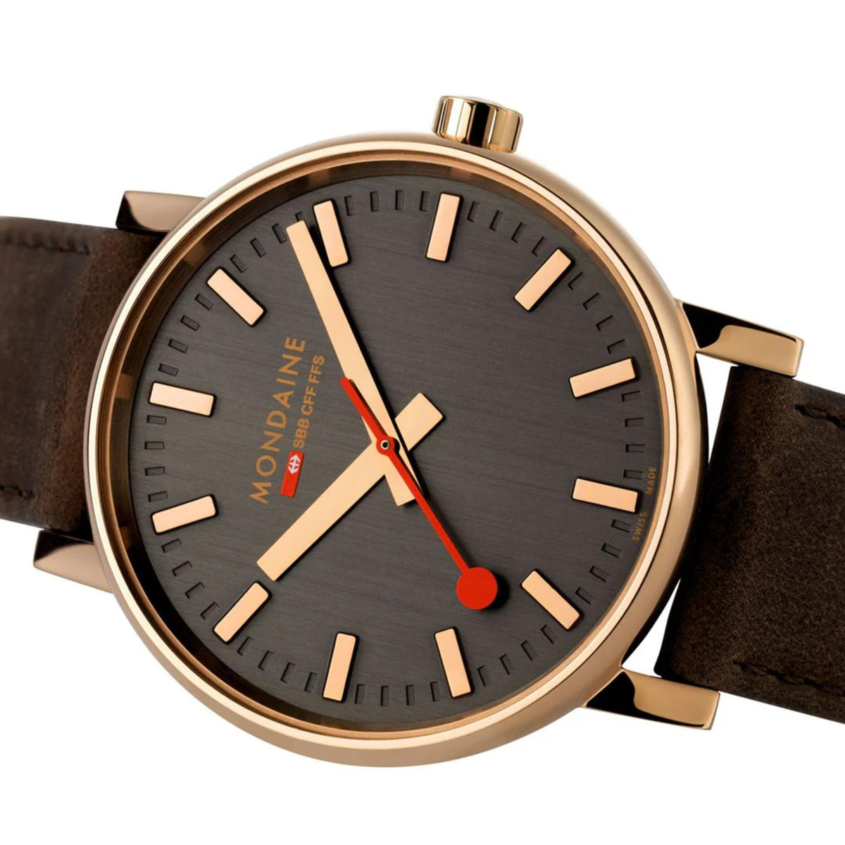 Mondaine Evo2 MSE.40181.LG close-up view highlighting grey dial detail and red accent second hand
