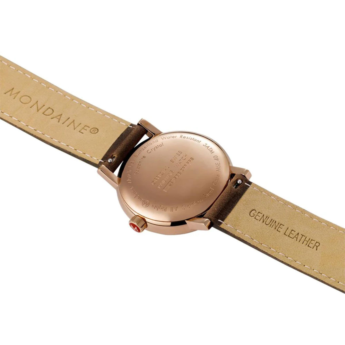 Mondaine Evo2 MSE.40181.LG back case view showing engraved brand details and inner leather strap lining