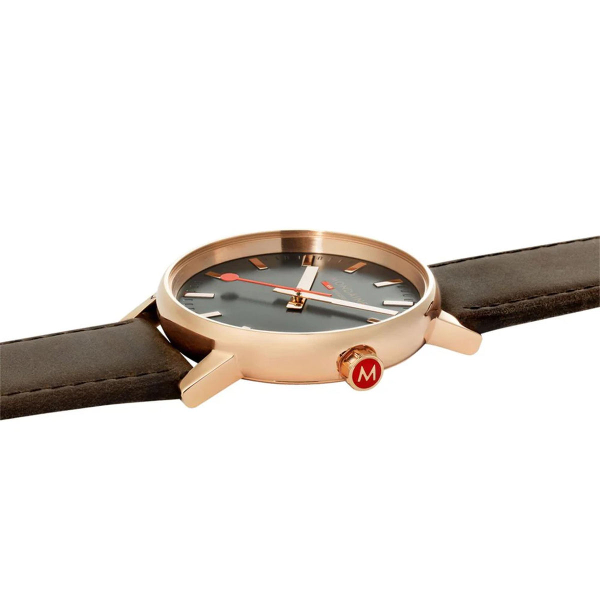 Mondaine Evo2 MSE.40181.LG side profile view displaying red logo crown and slim case edge