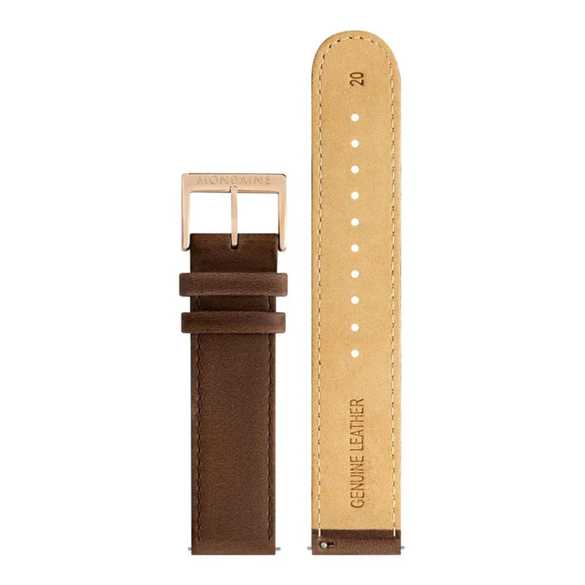 Mondaine Evo2 MSE.40181.LG back view of detached leather watch strap with engraved pin buckle