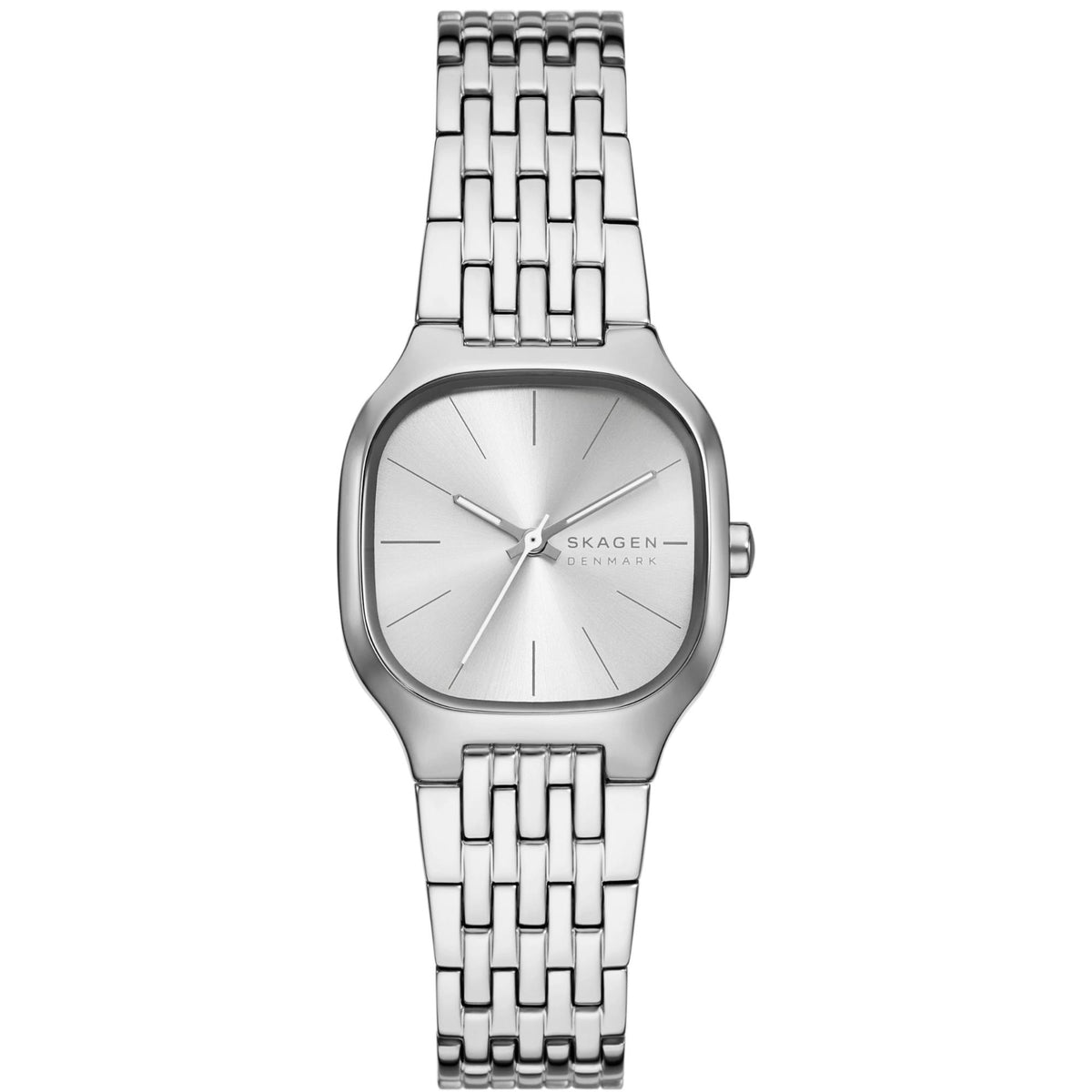 Front view of the Skagen Mellem Lille SKW3159 ladies watch displaying a silver dial, cushion-shaped case, and multi-link stainless steel bracelet