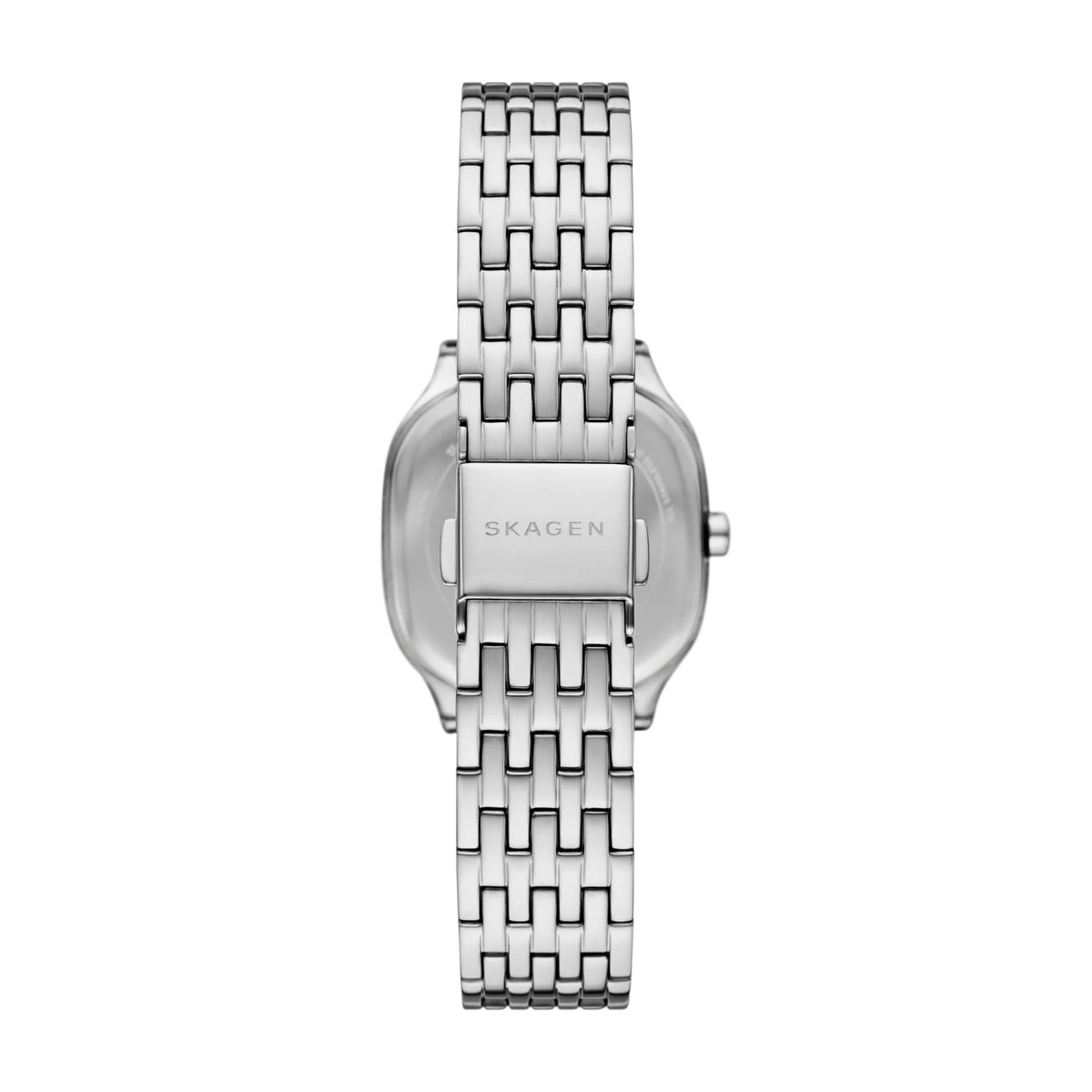 Back angle showing the engraved deployment clasp and silver-tone steel link band of the Skagen Mellem Lille SKW3159 timepiece