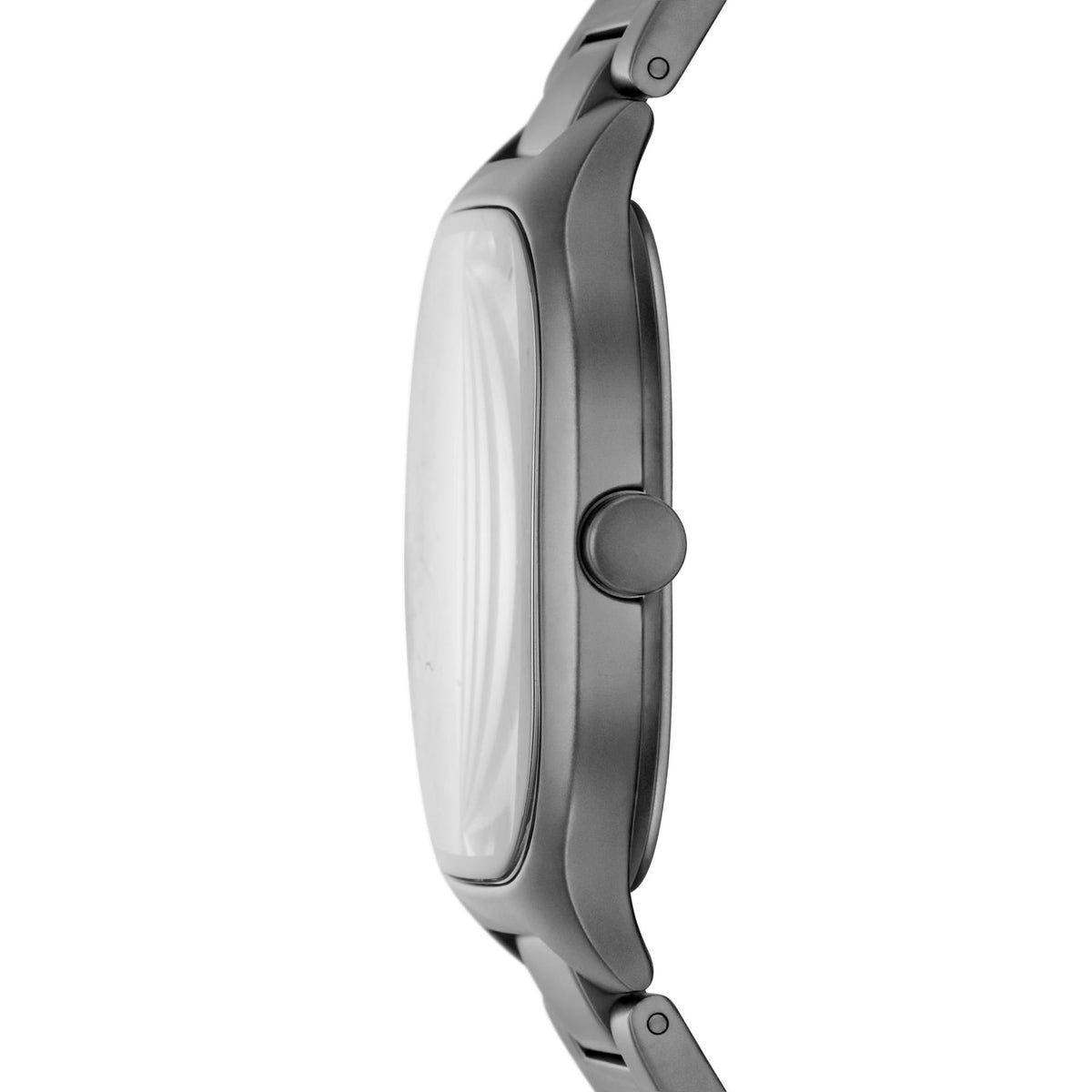 Profile view highlighting the slim grey case construction and crown of the Skagen Mellem SKW6936 wristwatch