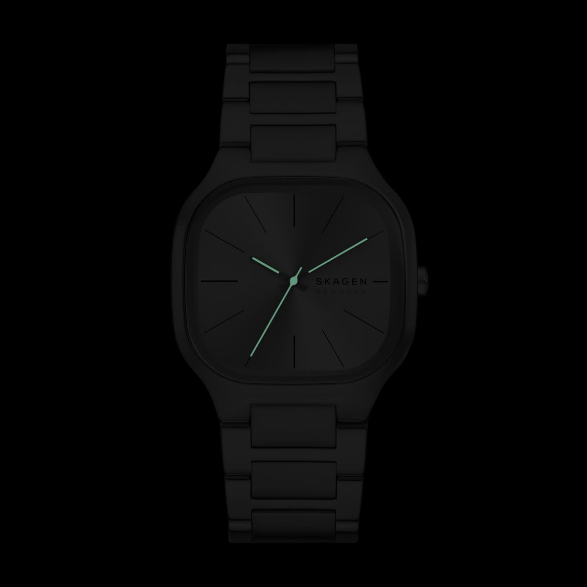 Men's dark dial wristwatch with black stainless steel strap and green-accented analog hands