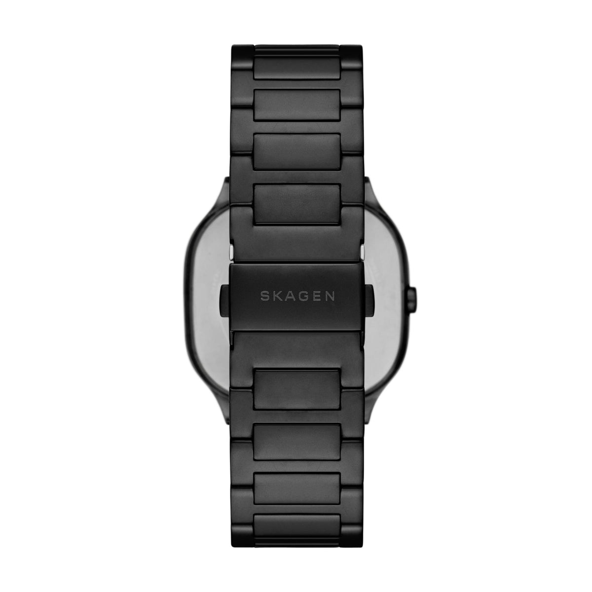 Back view showing the engraved fold-over clasp and black steel link band of the Skagen Mellem SKW6935 timepiece