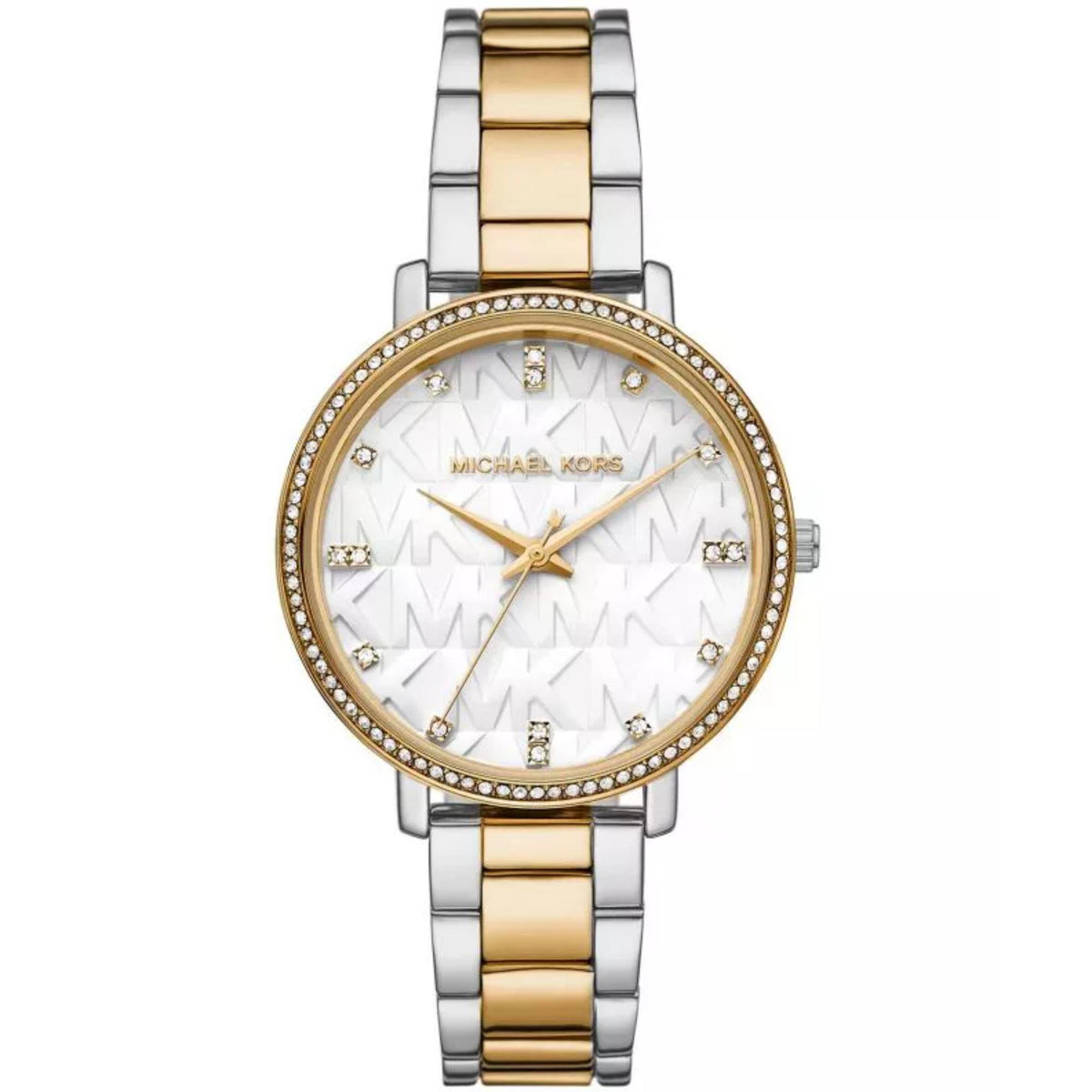 Two-tone stainless steel ladies watch with white dial, gold accents, and crystal bezel.