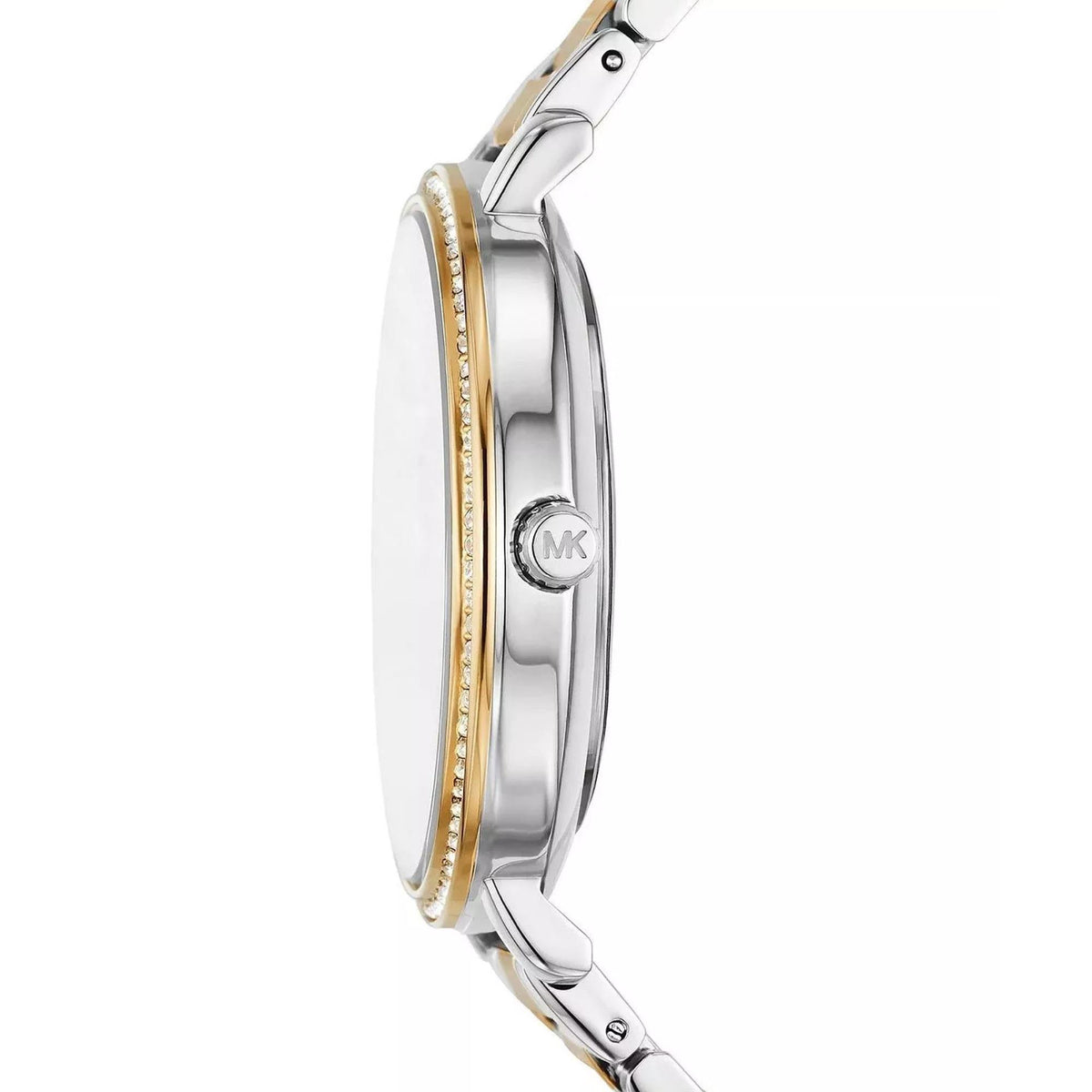Two-tone stainless steel watch profile with gold-toned ring and side crown.