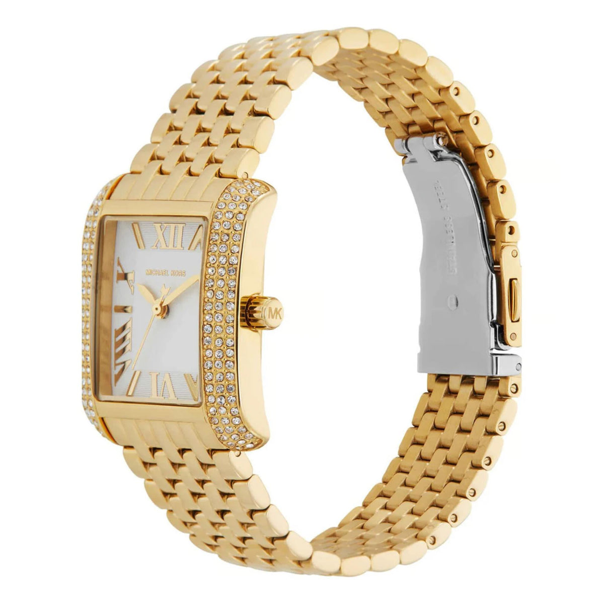 Gold-tone ladies watch with white dial, Roman numerals, and sparkling bezel on link bracelet