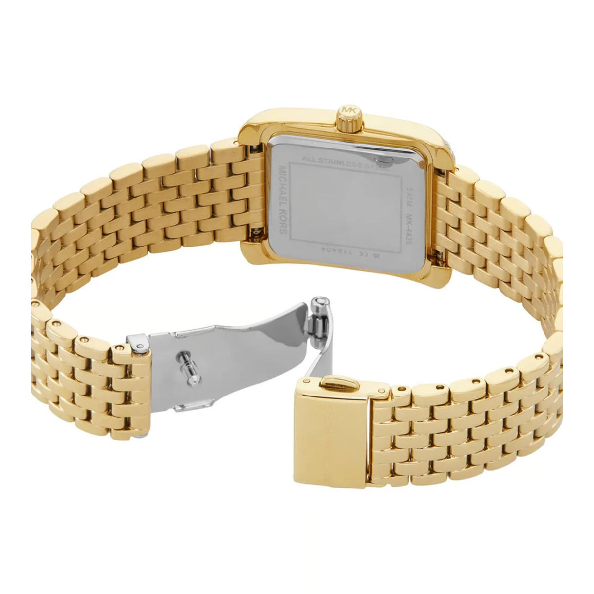 Gold-tone stainless steel ladies watch, back case and clasp visible on link bracelet