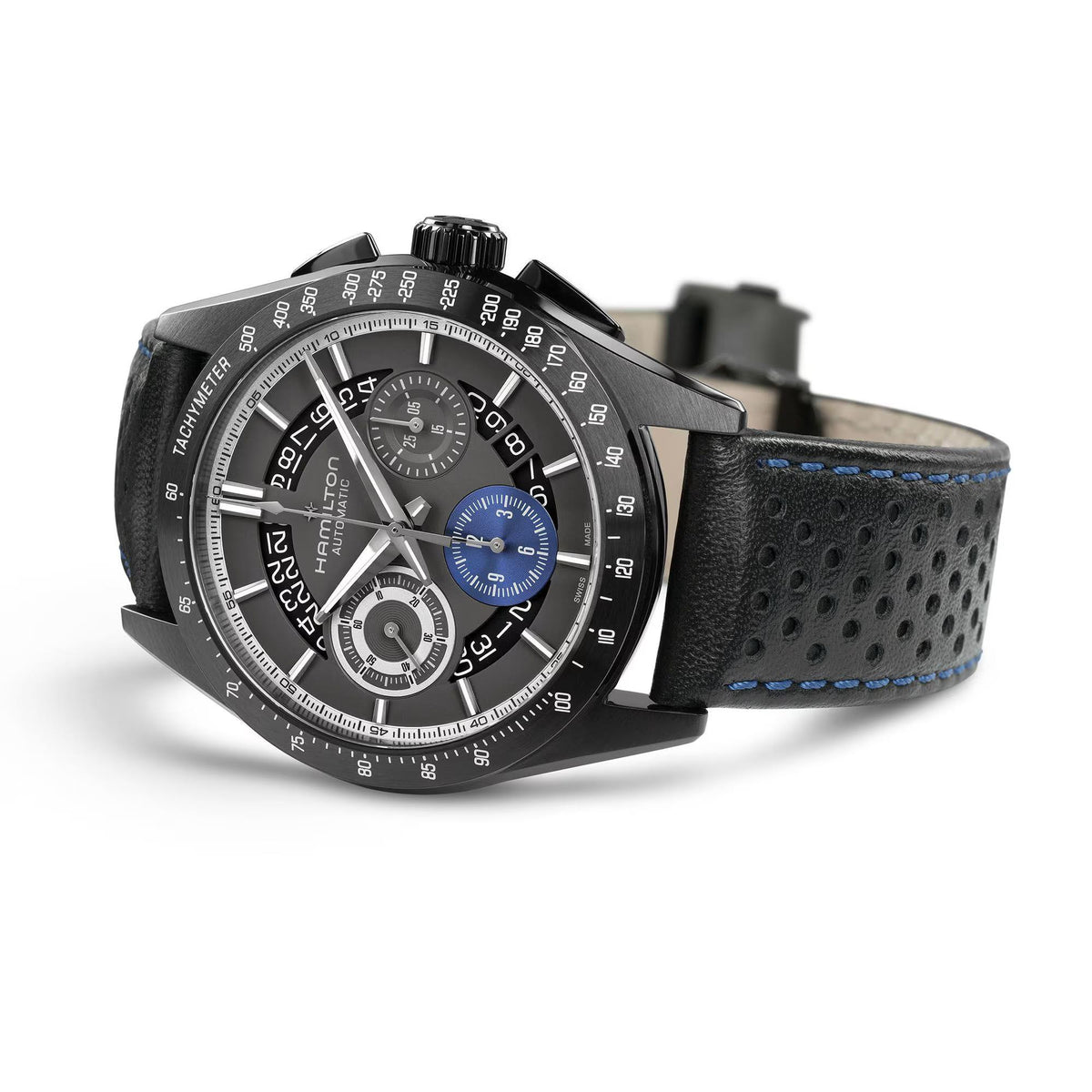 Men's automatic chronograph watch with black perforated leather band and blue stitching