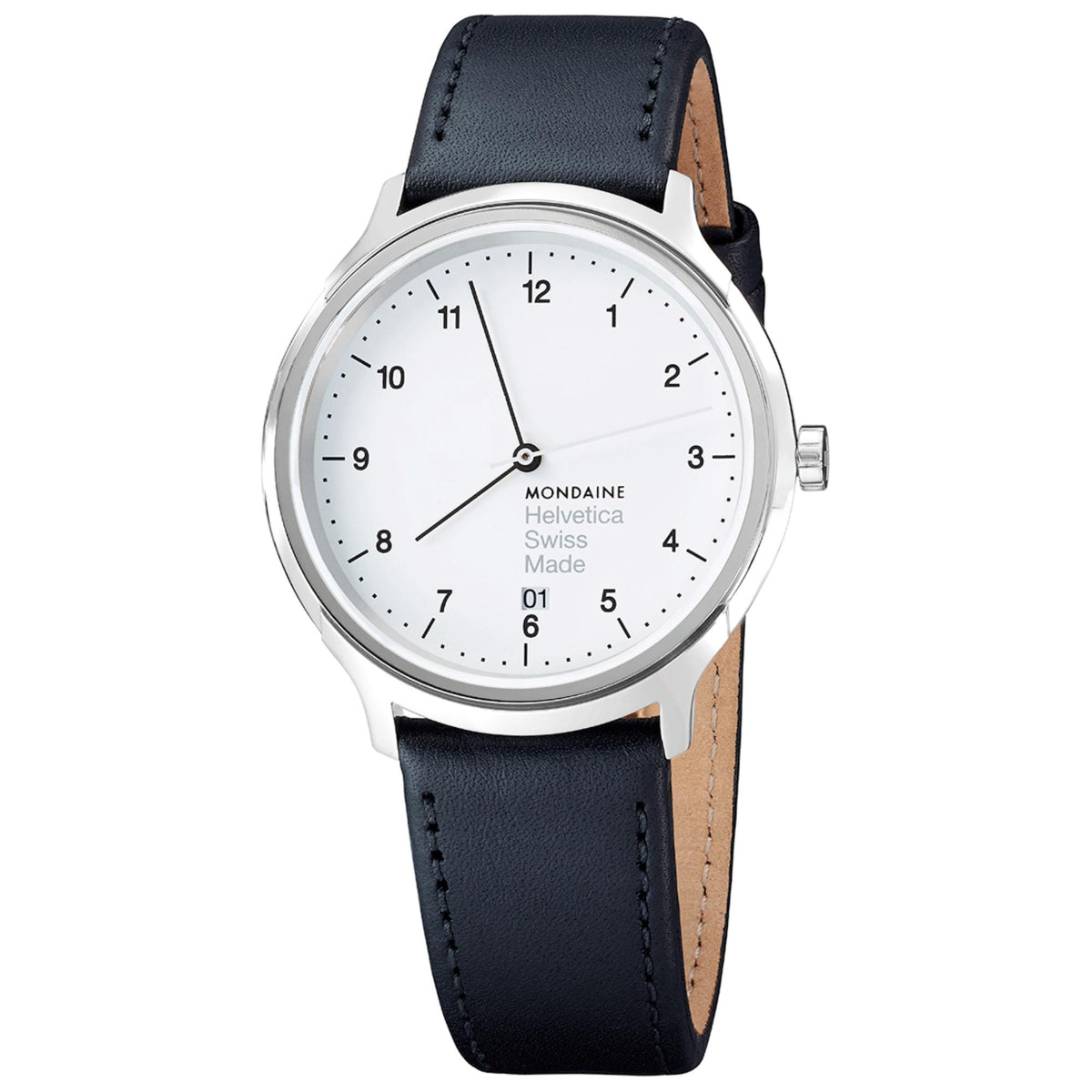 Men's watch with white dial and black leather strap, round silver case