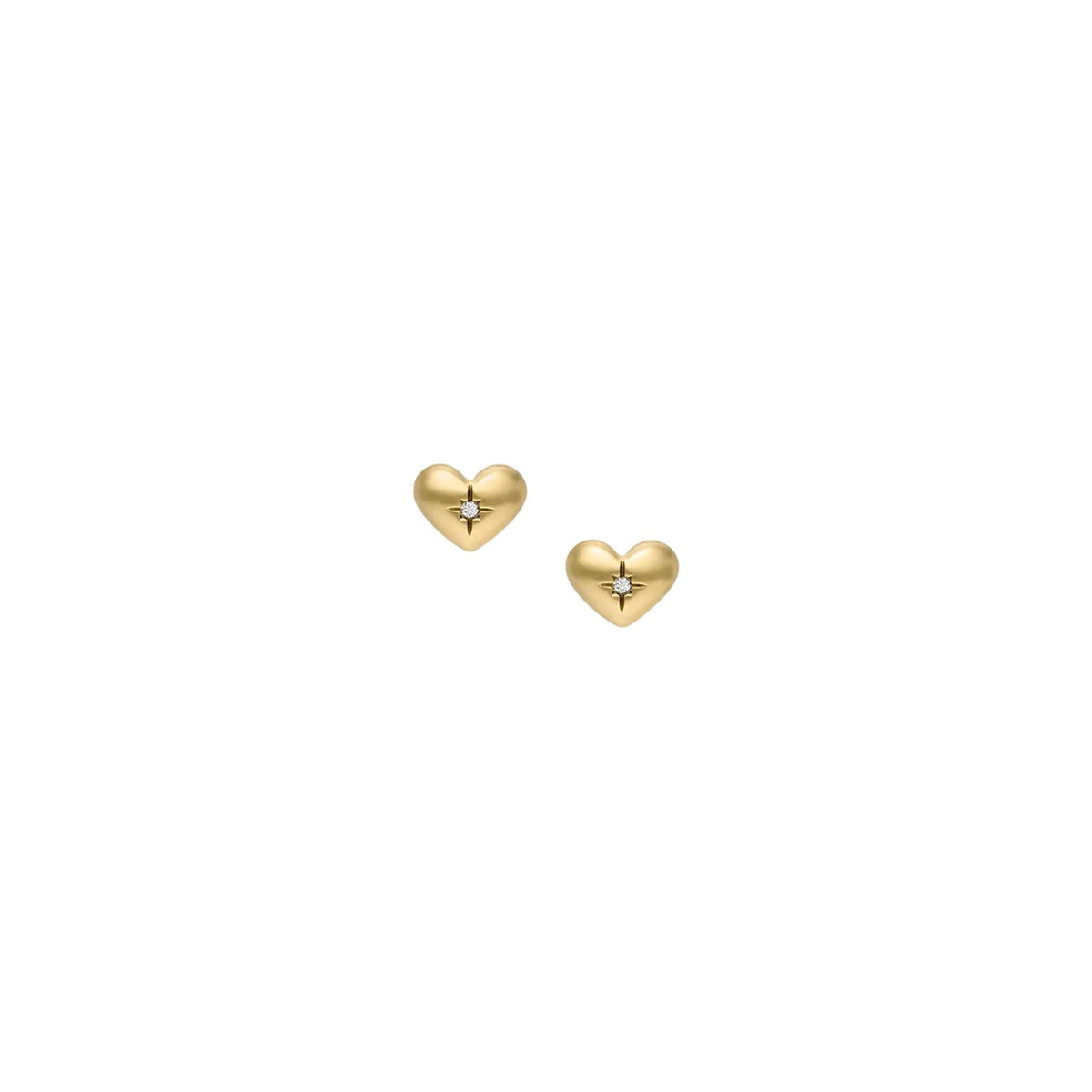 Gold-tone heart stud earrings with a small clear gemstone, push-back posts