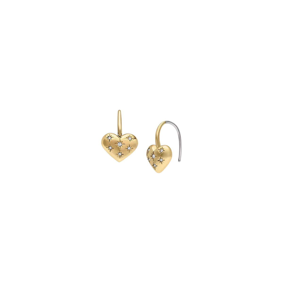 Gold-tone heart drop earrings with starburst accents and open hoop backs.