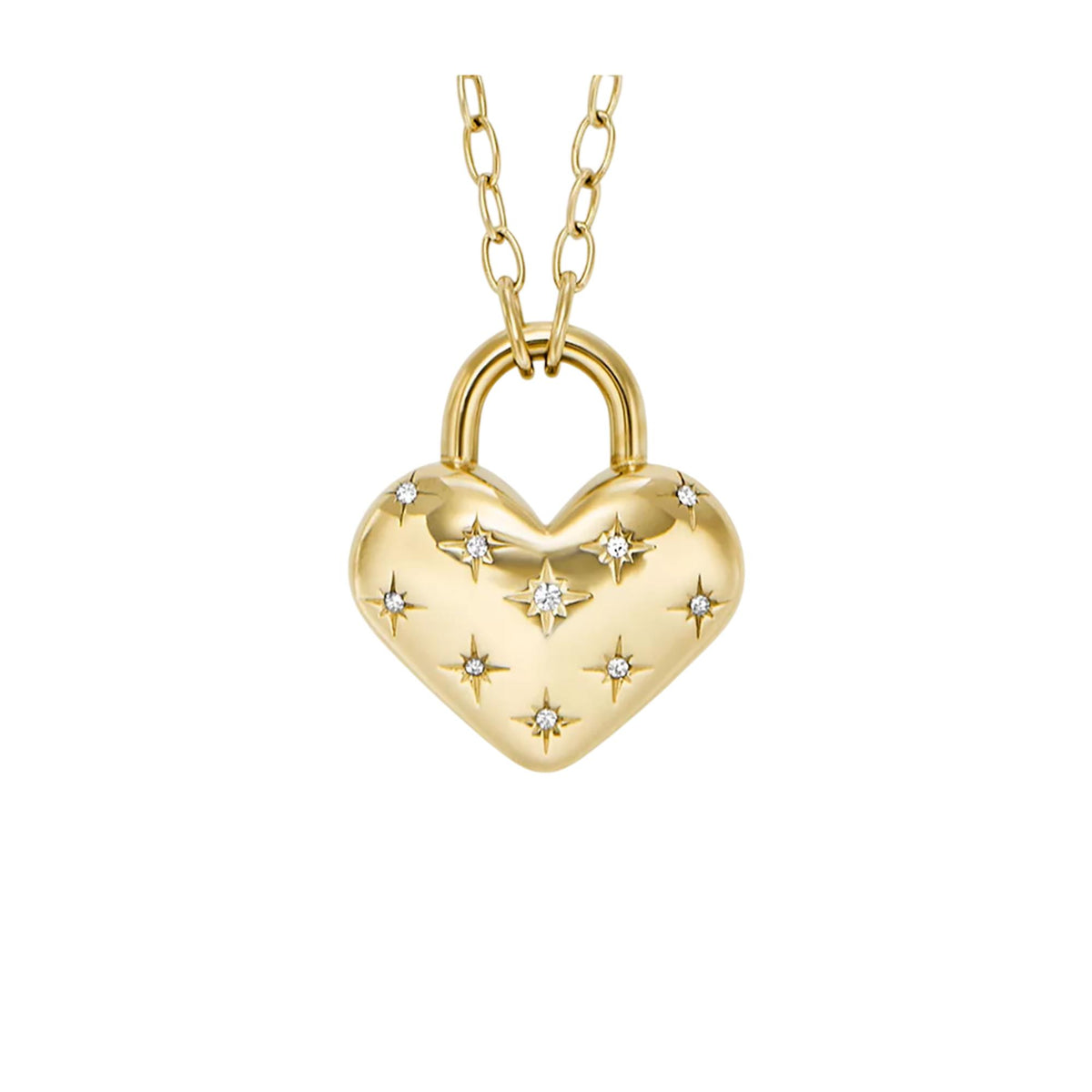 Gold-tone heart pendant necklace with star cutout charms and linked chain
