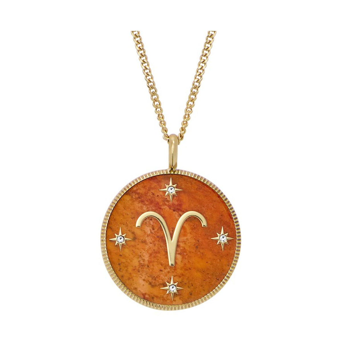 Gold-tone Aries pendant necklace with orange carnelian round medallion and star accents