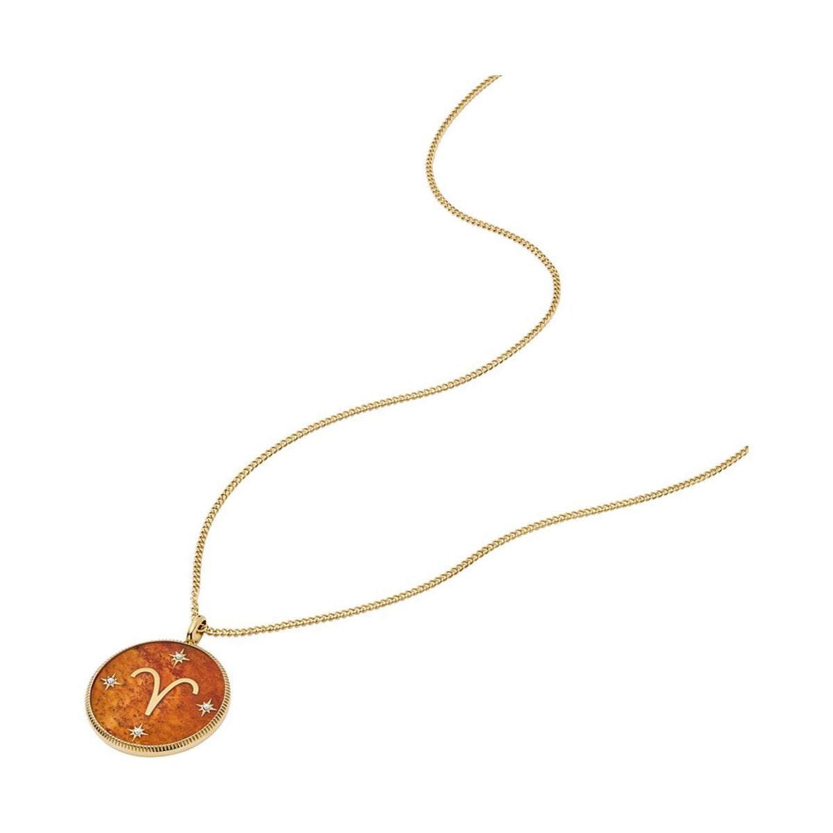 Gold-tone necklace with round orange carnelian Aries medallion pendant and star details