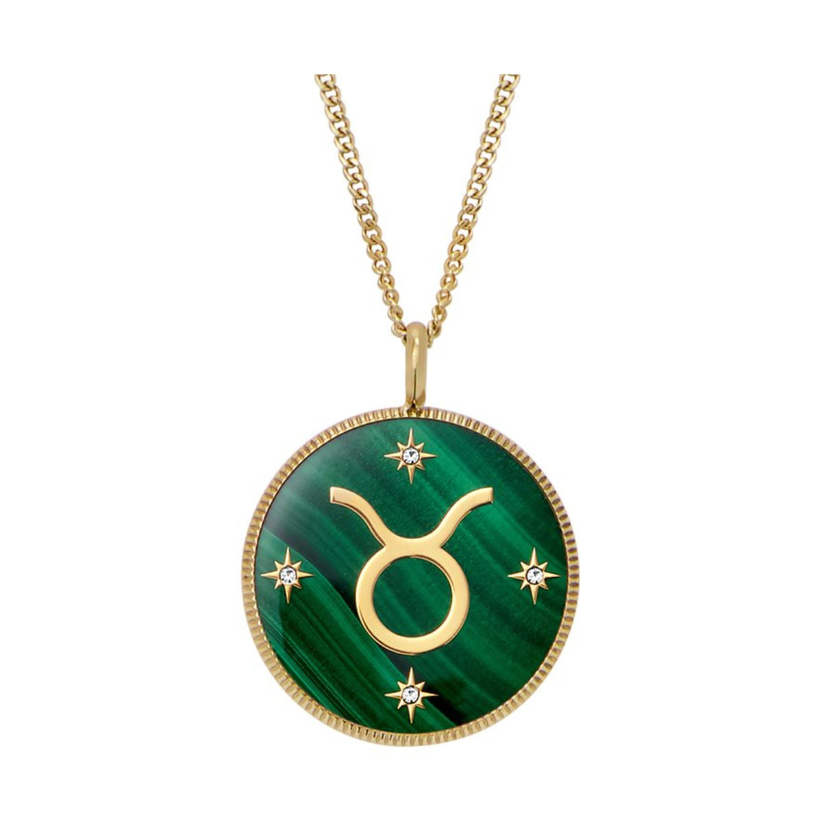 Gold-tone Taurus pendant necklace with green malachite-style round charm, star symbols