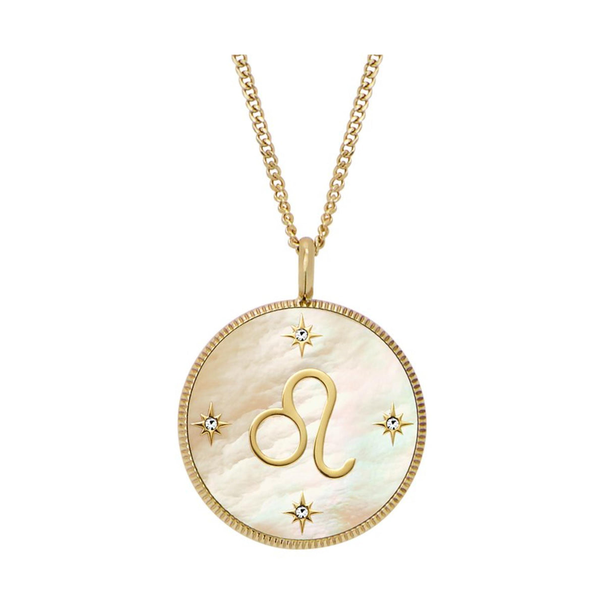 Gold-tone pendant necklace with round mother-of-pearl Leo charm and star accents