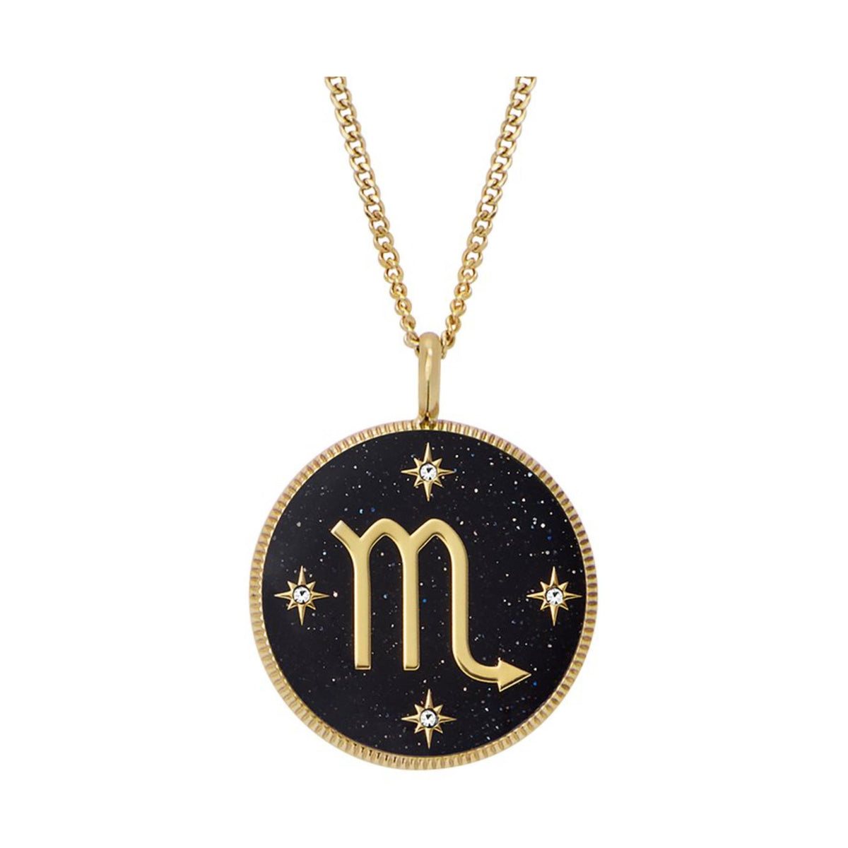 Gold-tone necklace with round black starry Scorpio pendant and gold zodiac star accents
