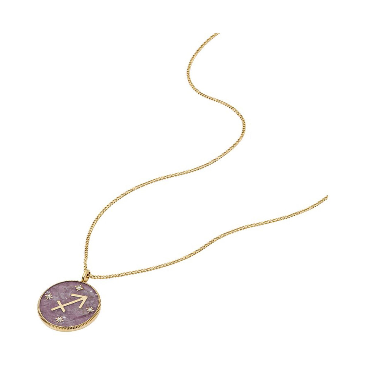 Round purple zodiac pendant with star details on a fine gold chain