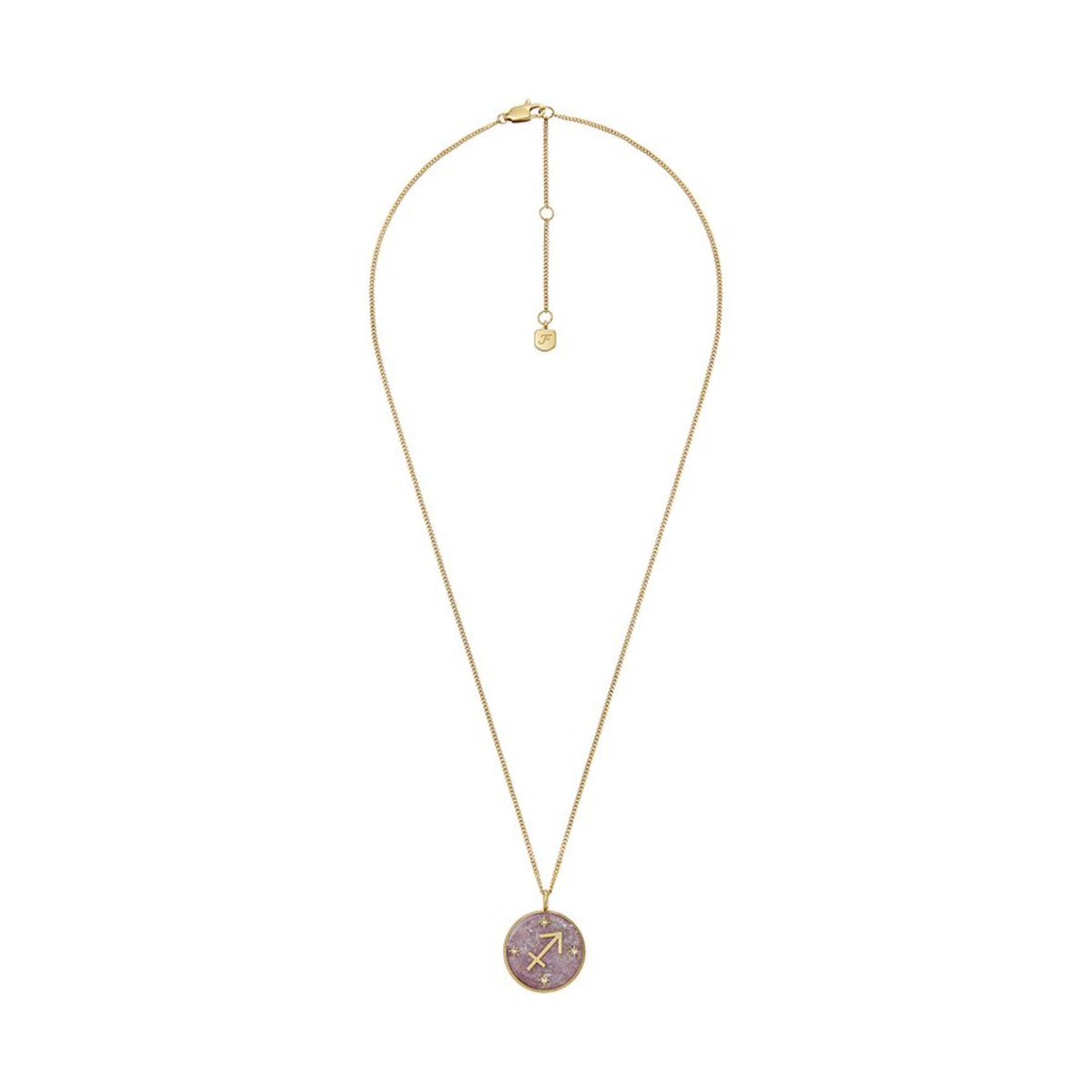 Gold necklace with purple zodiac pendant and long slender chain links