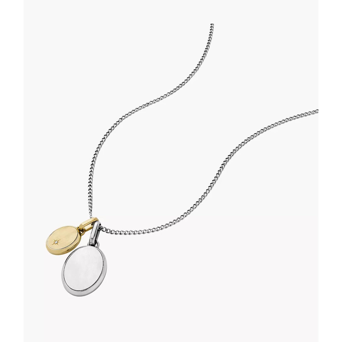 Two oval pendant charm necklace: gold top pendant and round silver pendant on chain.