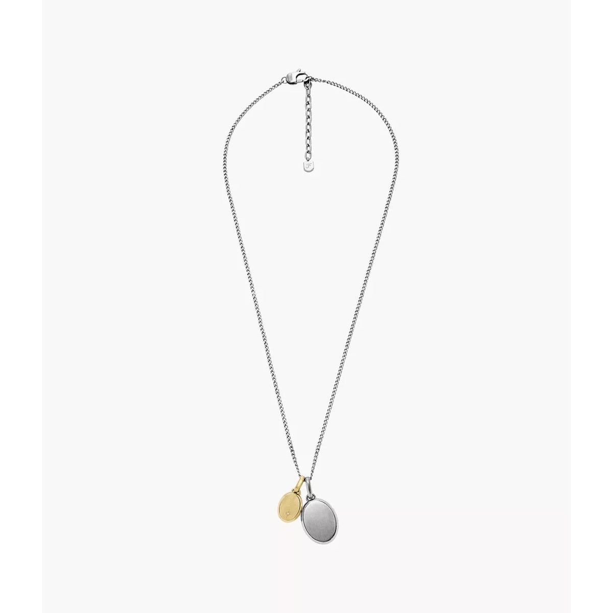 Two-tone oval pendant necklace with gold and silver charms hanging on a silver chain.