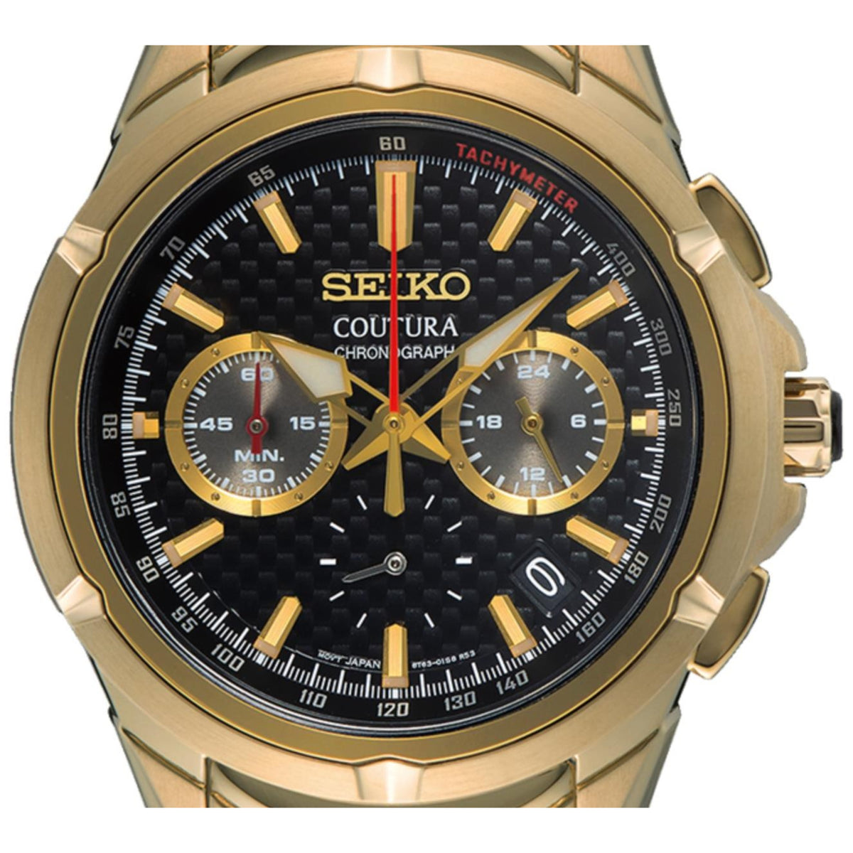 Gold Seiko Coutura watch with black face on a white background
