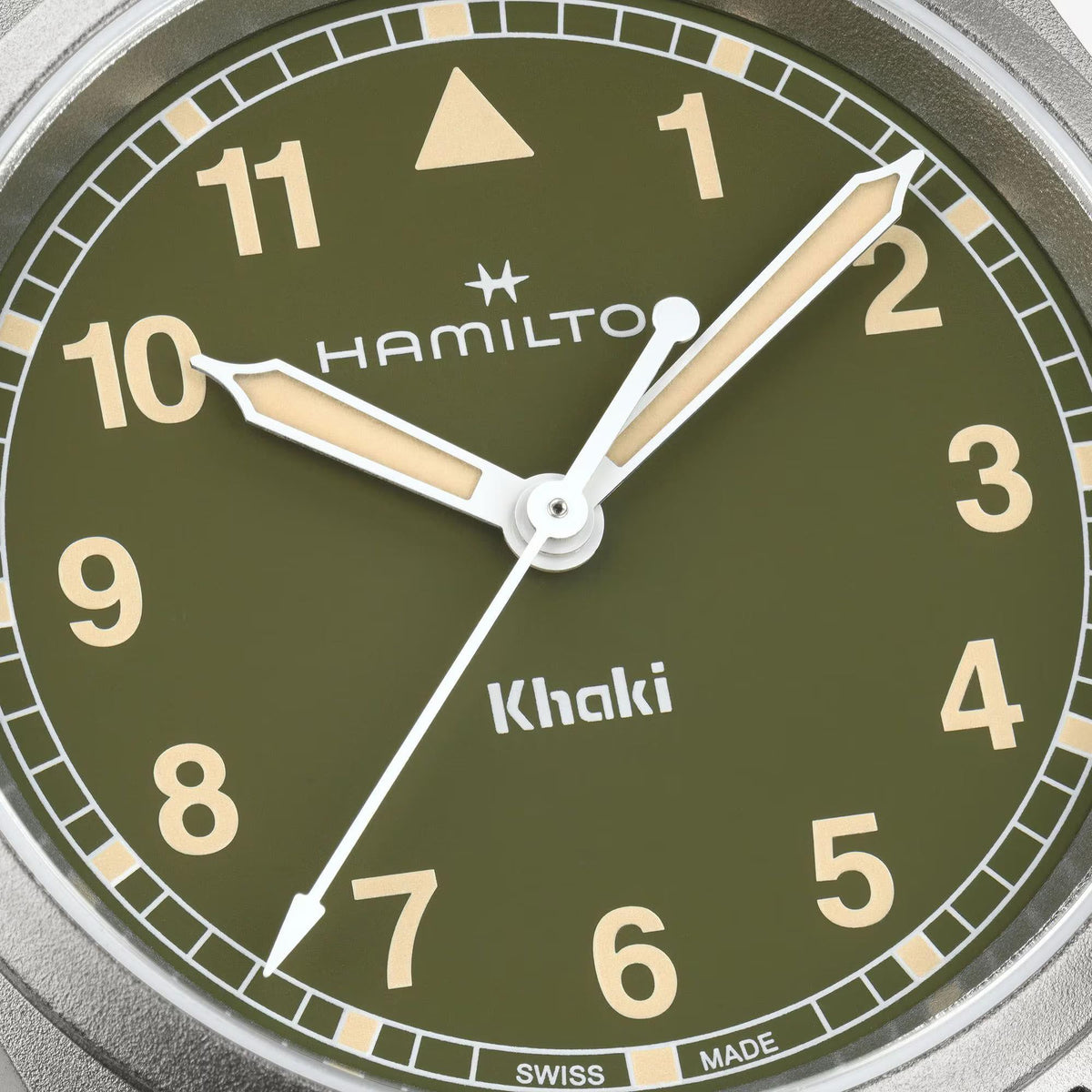 Hamilton H69301960 matte green dial with bold Arabic numerals close-up 