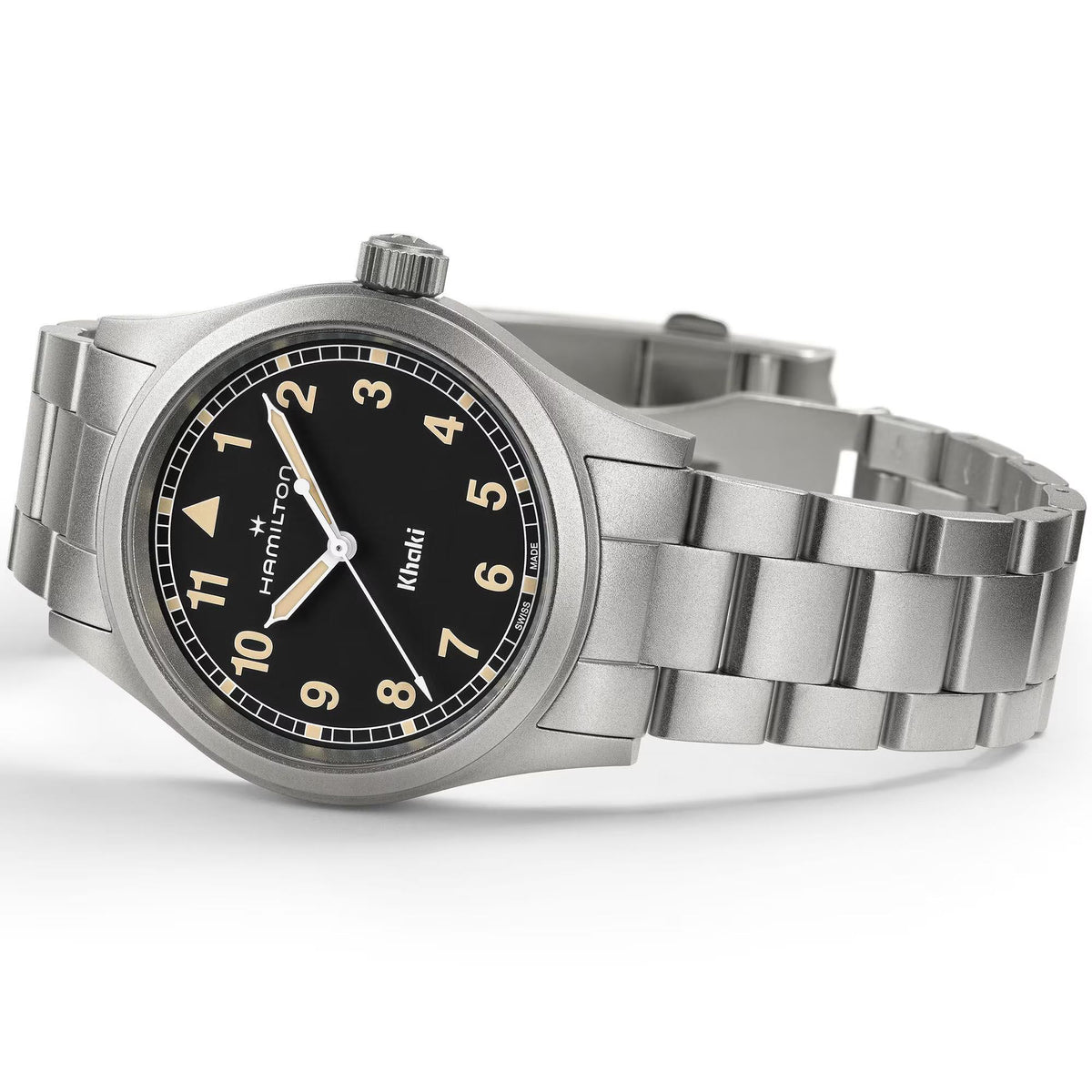 Hamilton Khaki Field 38mm black dial steel Quartz watch on white background