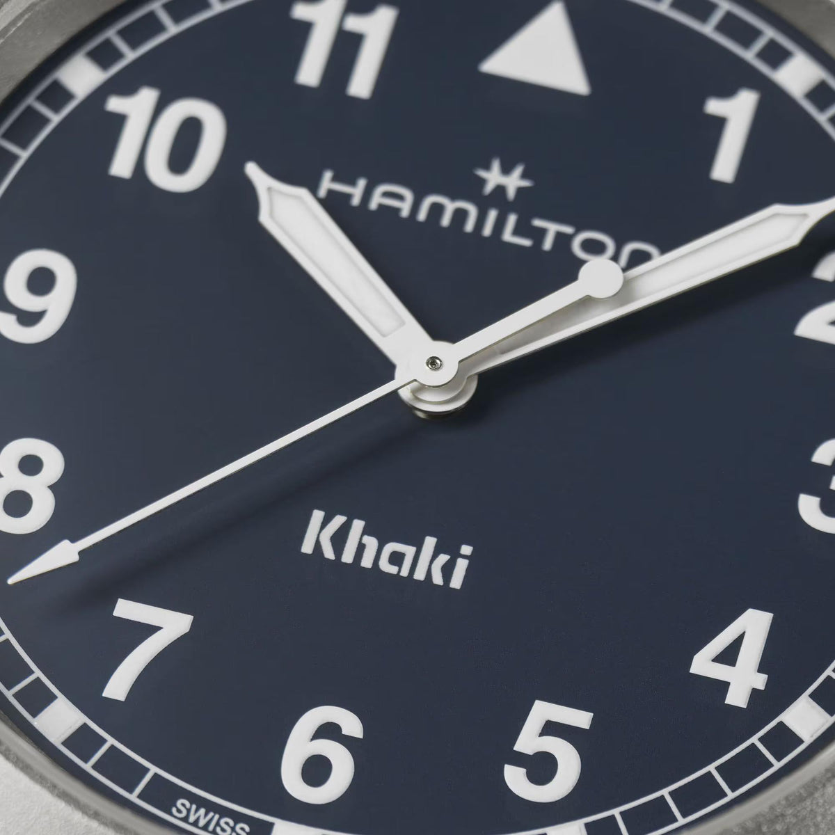 Hamilton Khaki Field H69401140 navy blue dial with bold Arabic numerals close-up