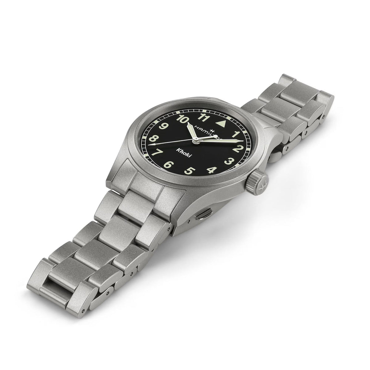 Stainless steel quartz watch with black dial and metal link bracelet