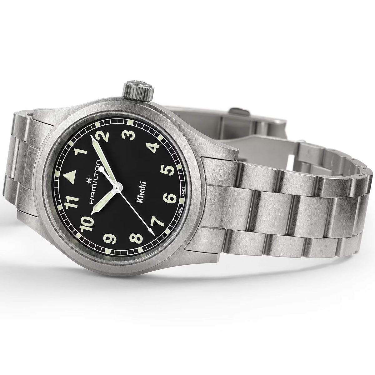 Stainless steel quartz watch on metal bracelet, black dial with markers