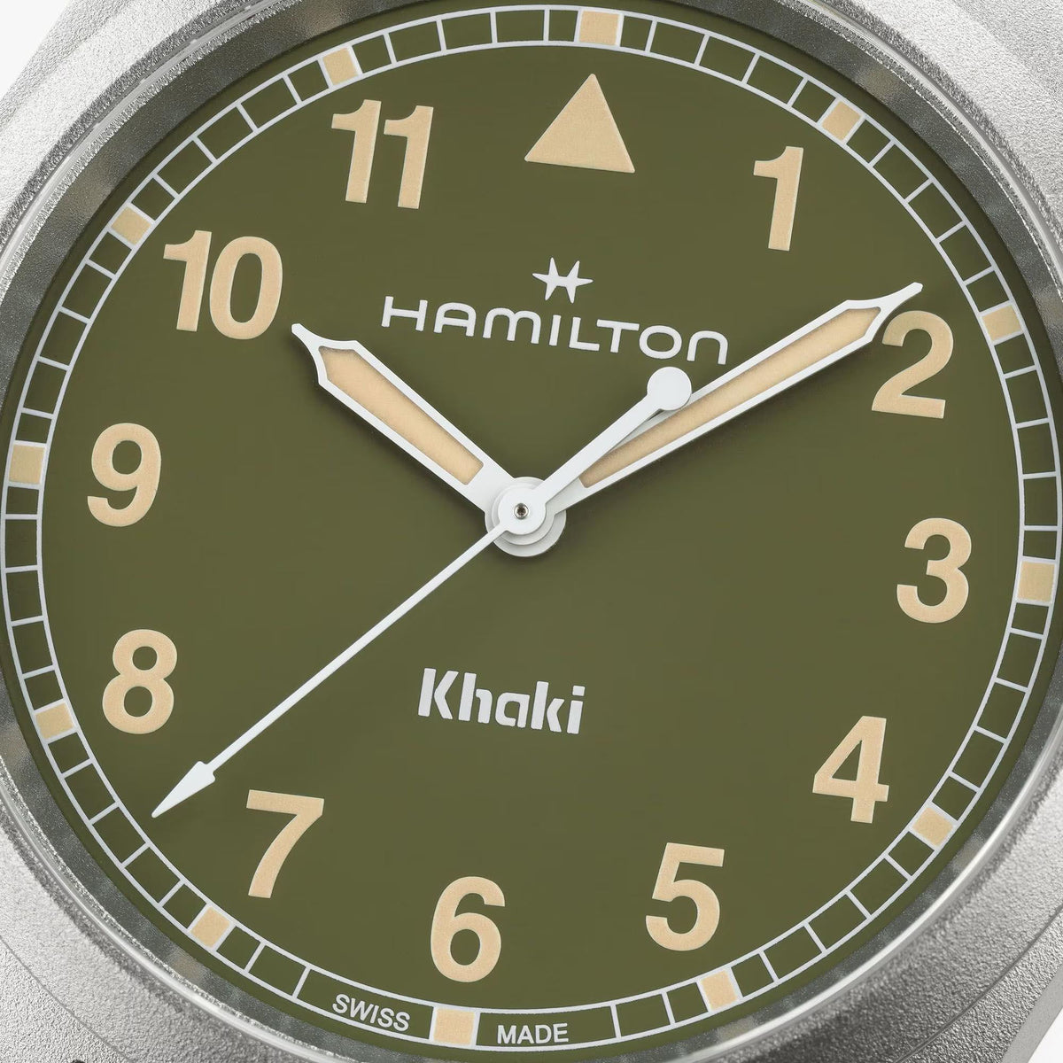 Hamilton Khaki Field H69401160 green dial with bold Arabic numerals close-up