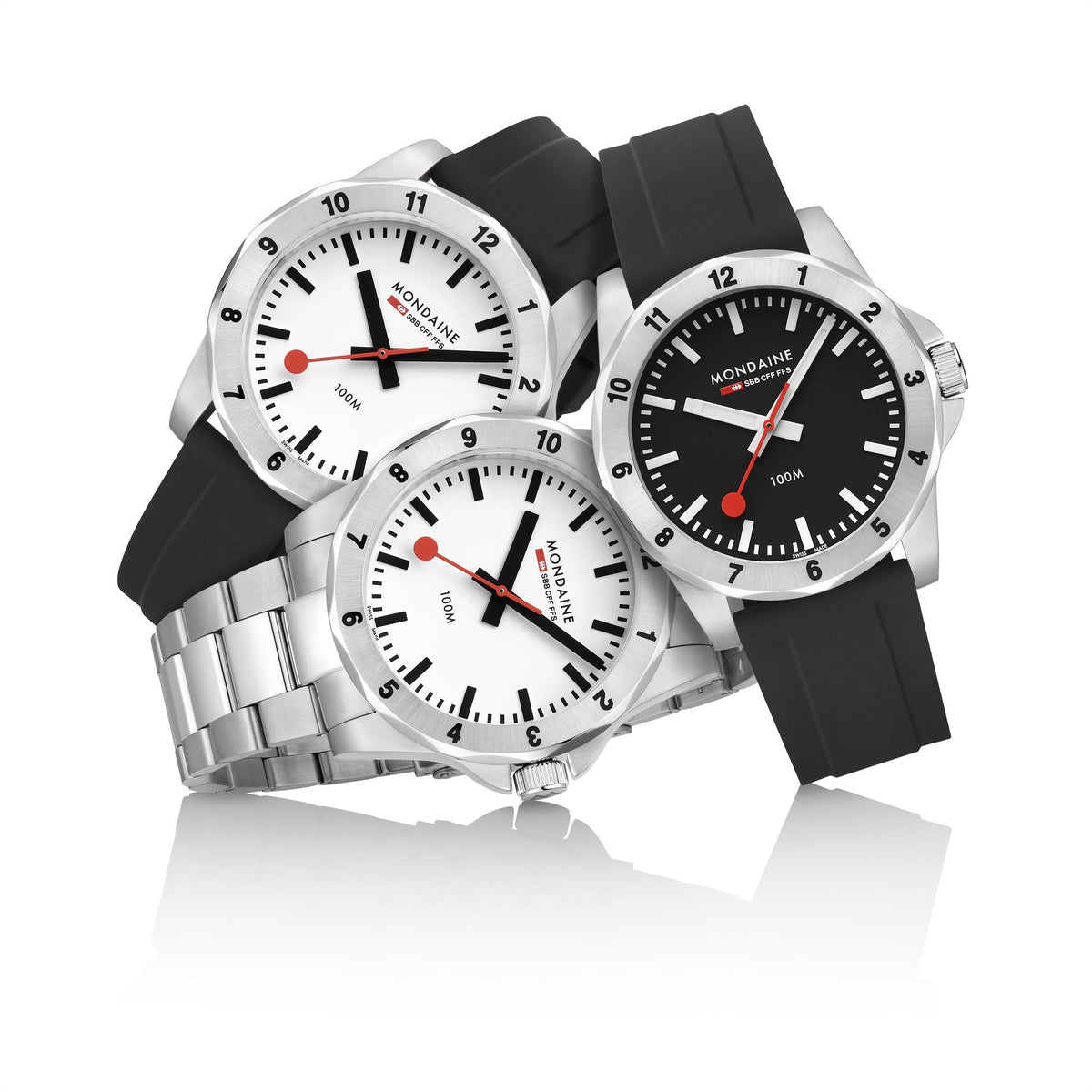 Mens steel quartz watch with white dial, black accents, black silicone strap