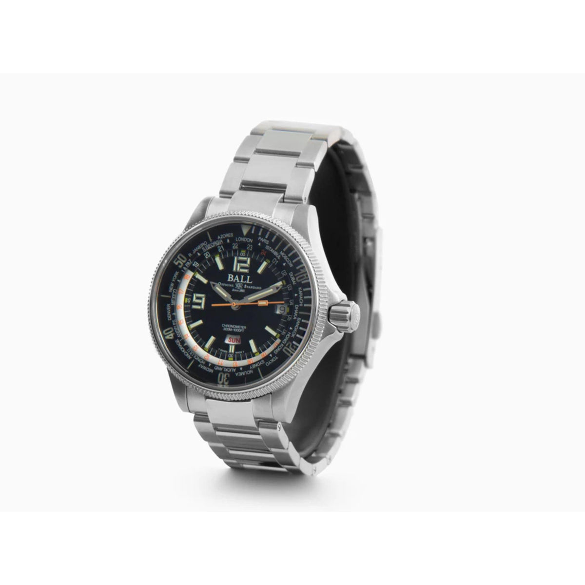 Men's automatic diver watch with black dial and silver stainless bracelet, yellow-orange accents